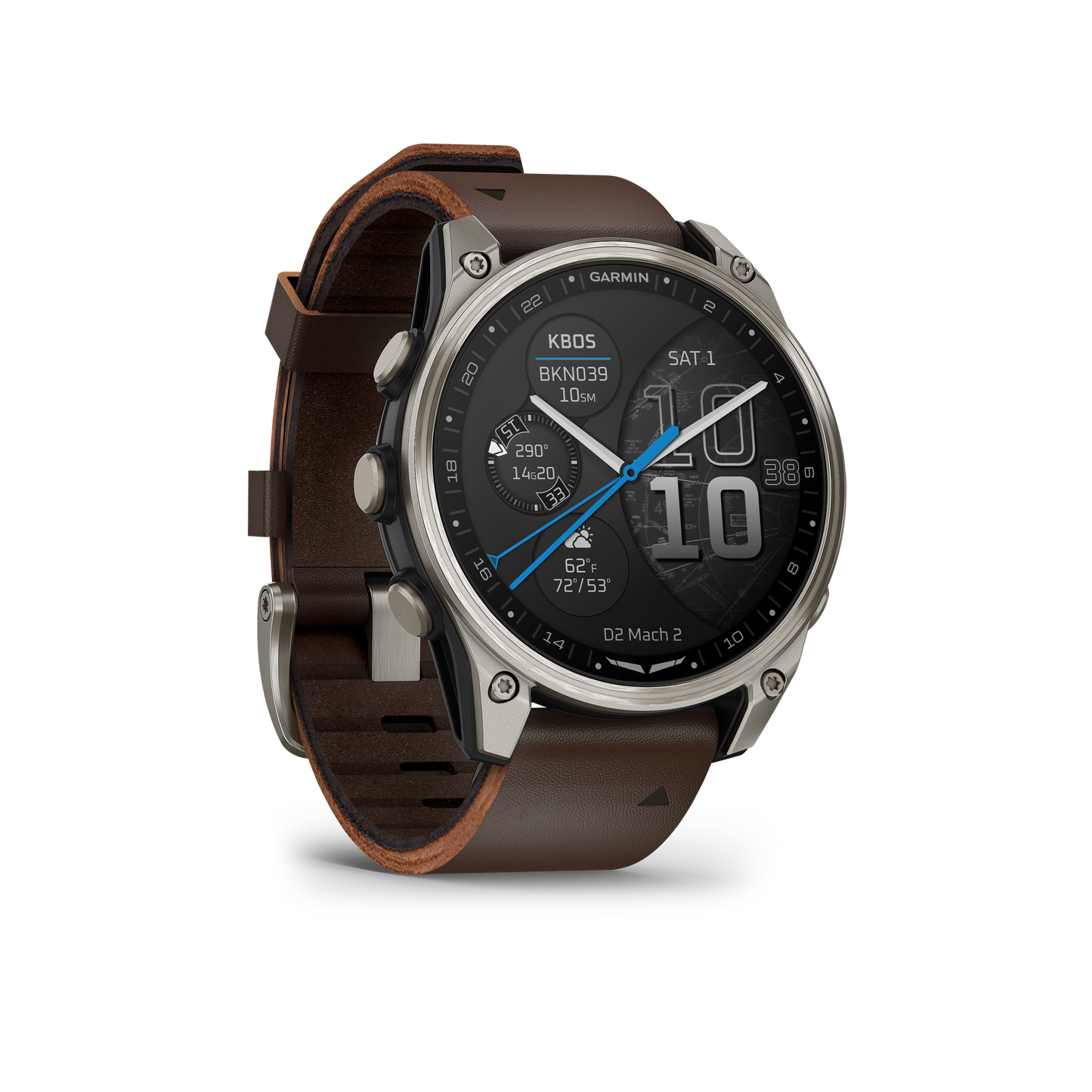 Garmin D2 Mach 2 47mm titanium smartwatch with Oxford Brown leather band