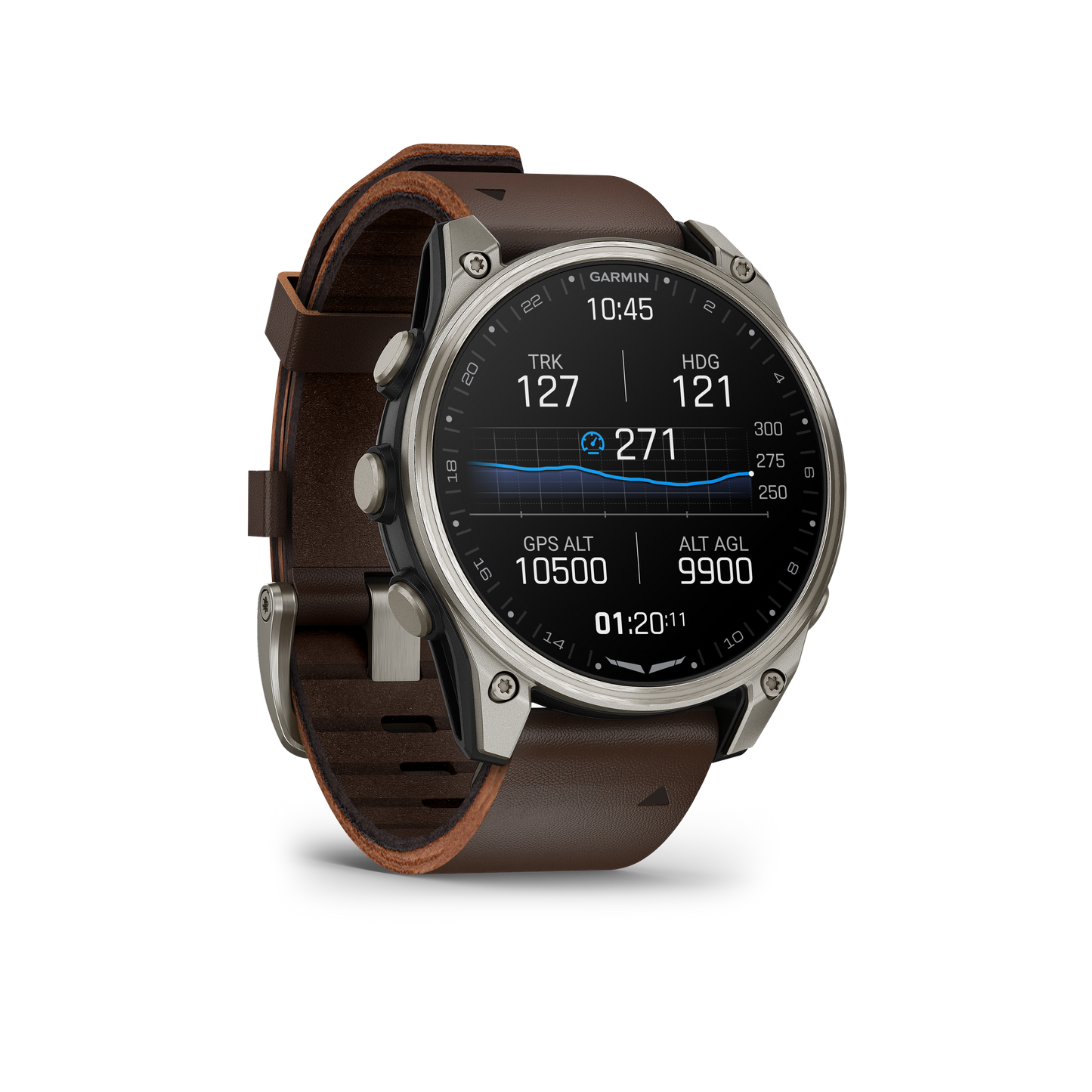 Garmin D2 Mach 2 smartwatch, 47 mm titanium case with Oxford Brown leather band