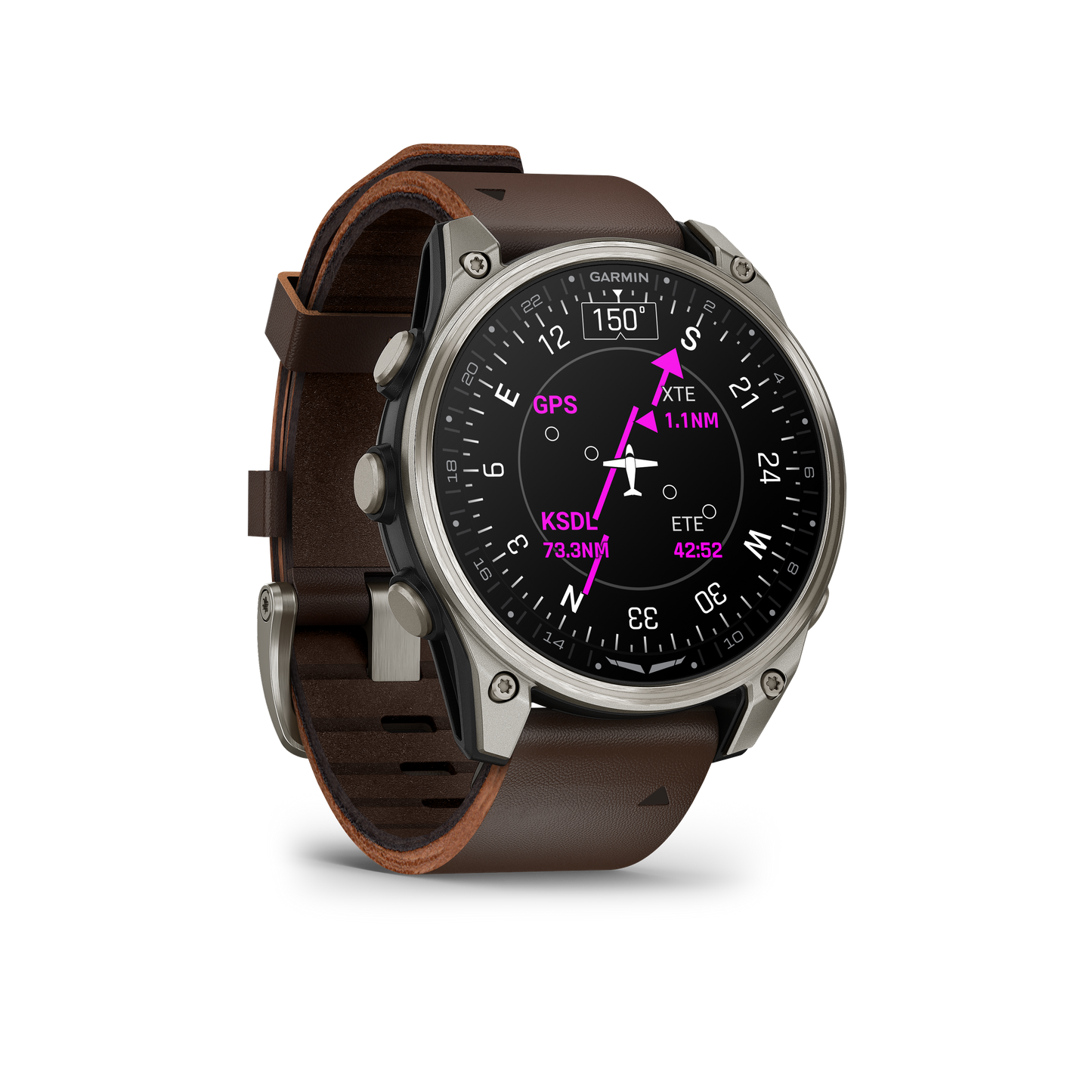 Garmin D2 Mach 2 47 mm titanium smartwatch with Oxford Brown leather band