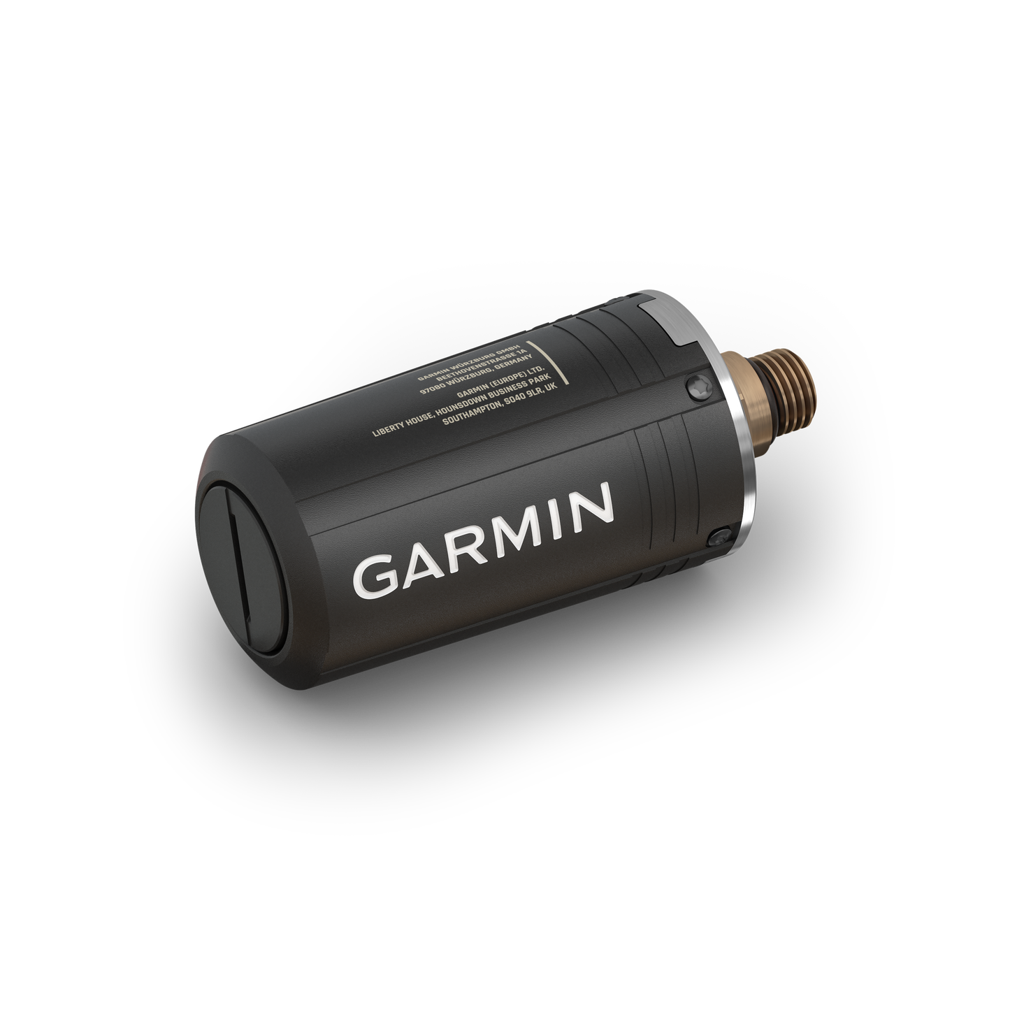 Garmin Descent T2 Transceiver, black cylindrical dive computer accessory with brass threaded connector