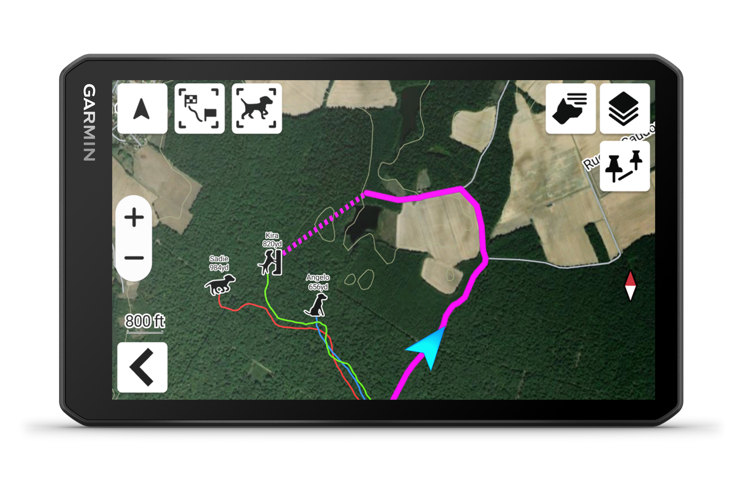 Garmin DriveTrack 72 dog-tracking GPS navigator on rugged black frame with map routes and dog icons