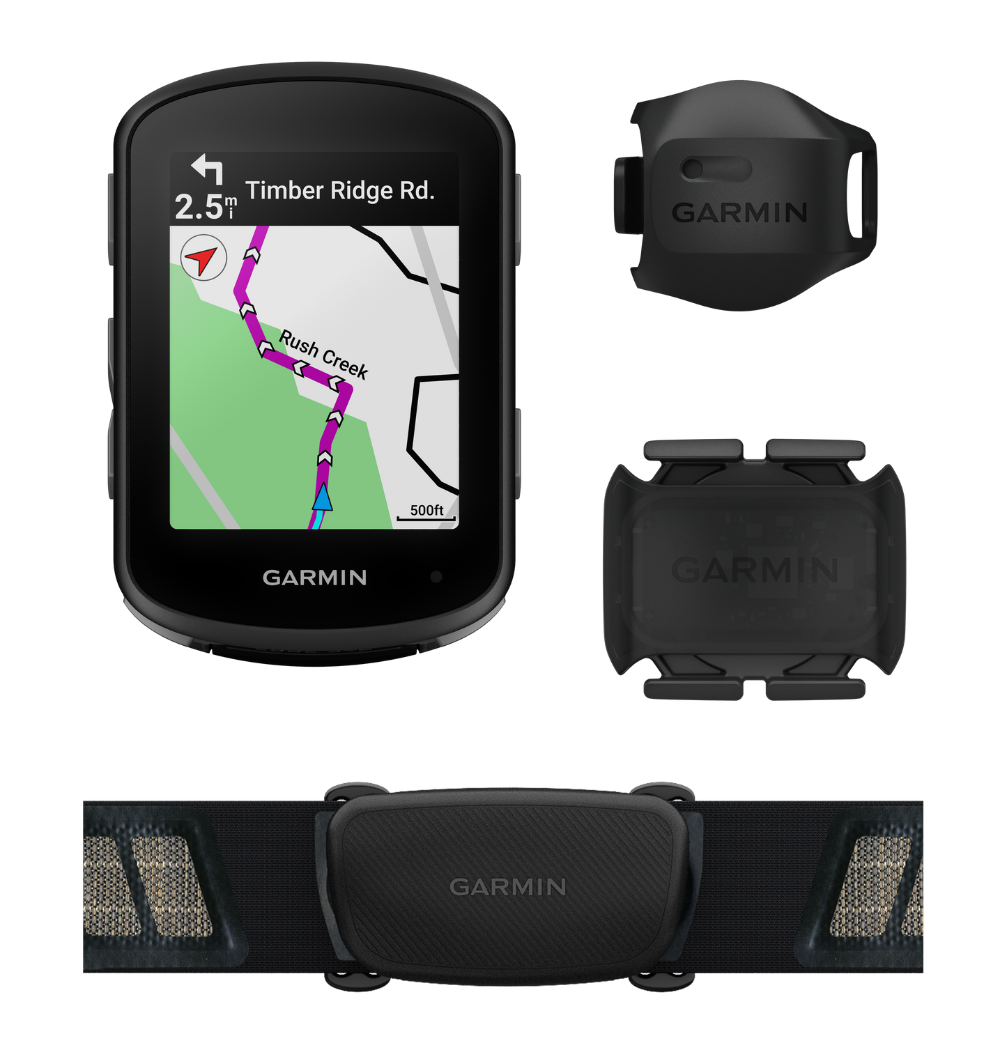Garmin Edge 540 cycling GPS computer with sensor bundle, black front view showing map display