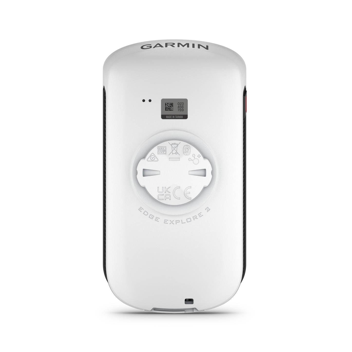 Garmin Edge Explore 2 bicycle computer back, white with round mounting plate and QR label