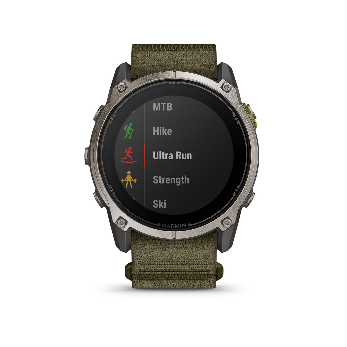 Garmin Enduro 4 smartwatch with gray/olive strap, rugged build