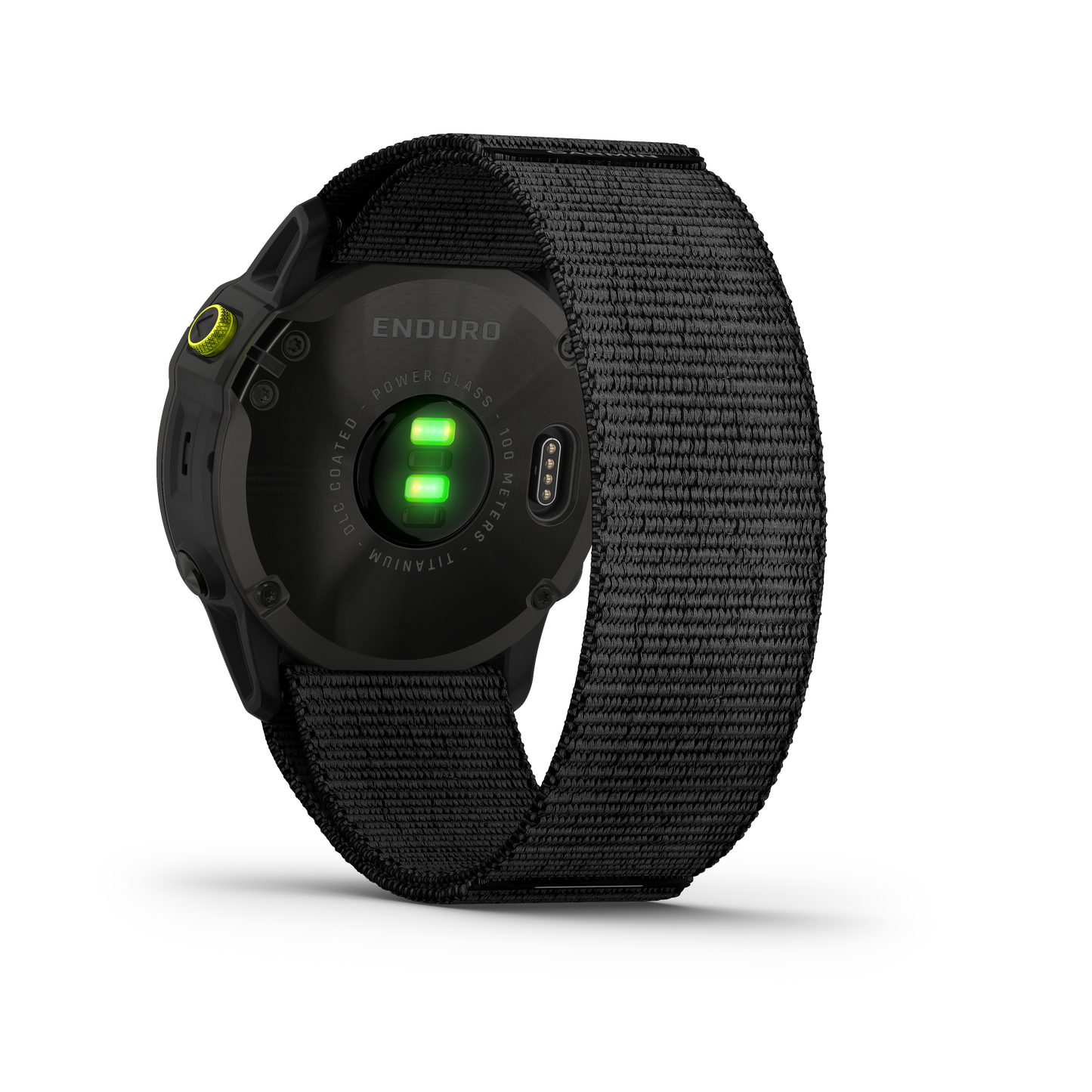 Garmin Enduro smartwatch with black woven strap; back view shows green LED sensors.