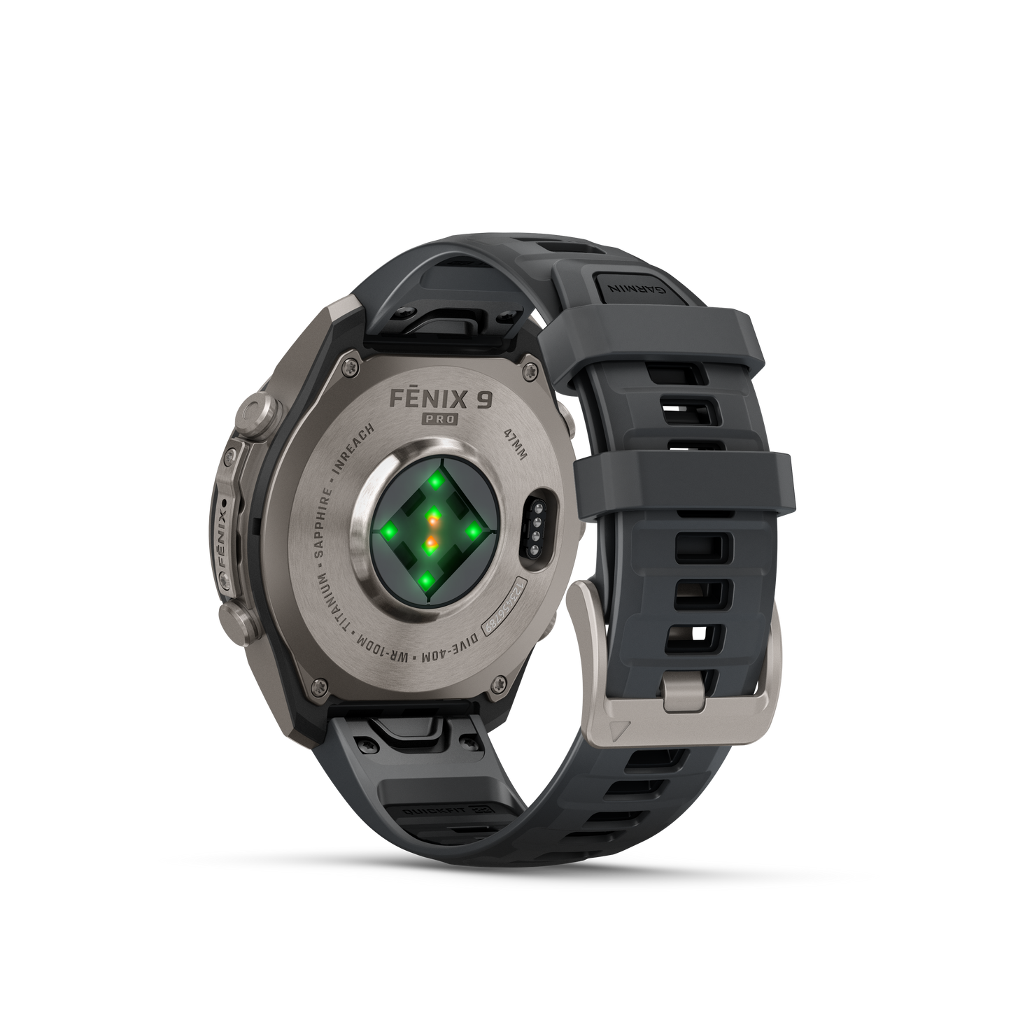 Garmin Fenix 9 Pro smartwatch with titanium case and graphite-black silicone band, rear view with green sensor LEDs.