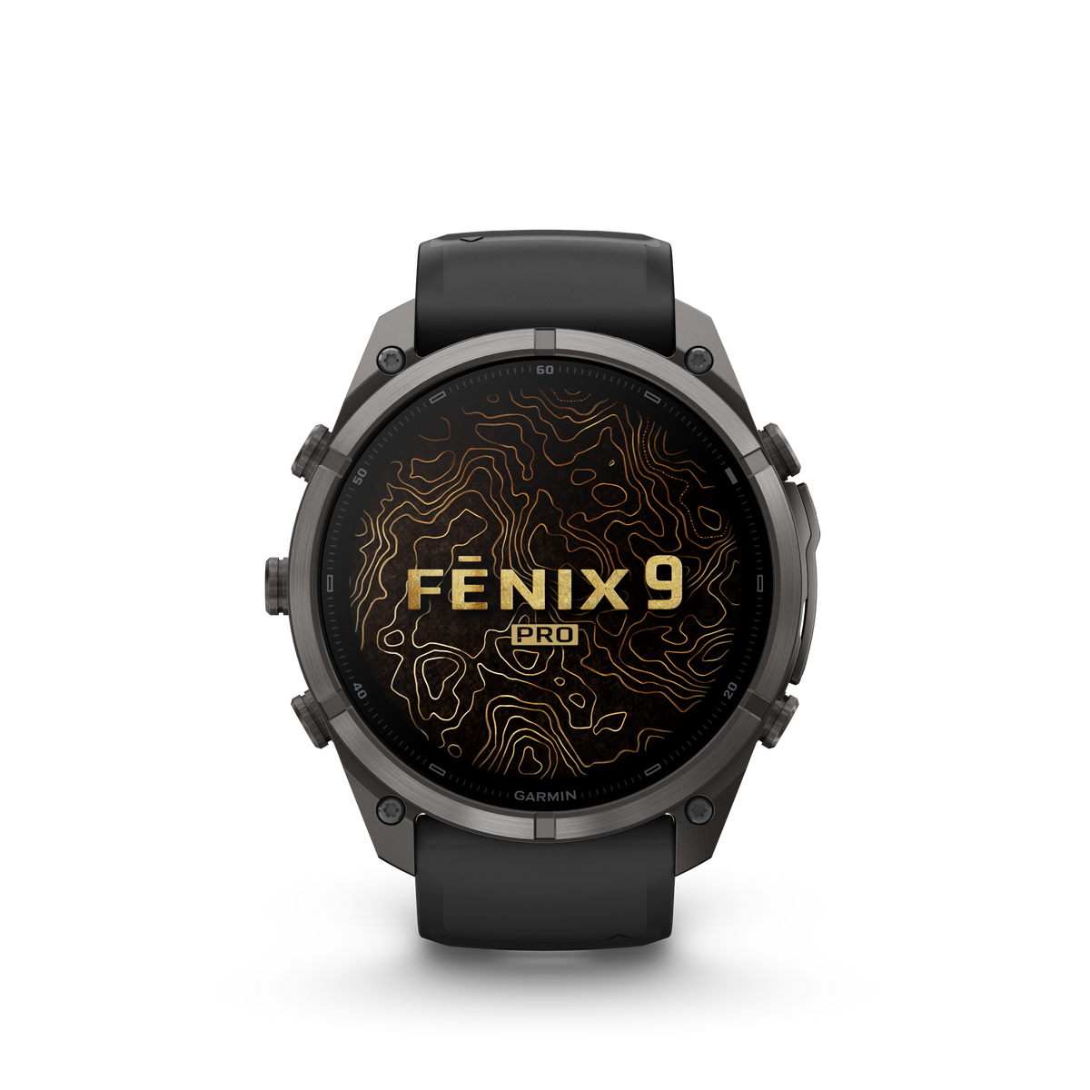 Garmin Fenix 9 Pro inReach AMOLED smartwatch with 51mm DLC titanium case and black-gray silicone band