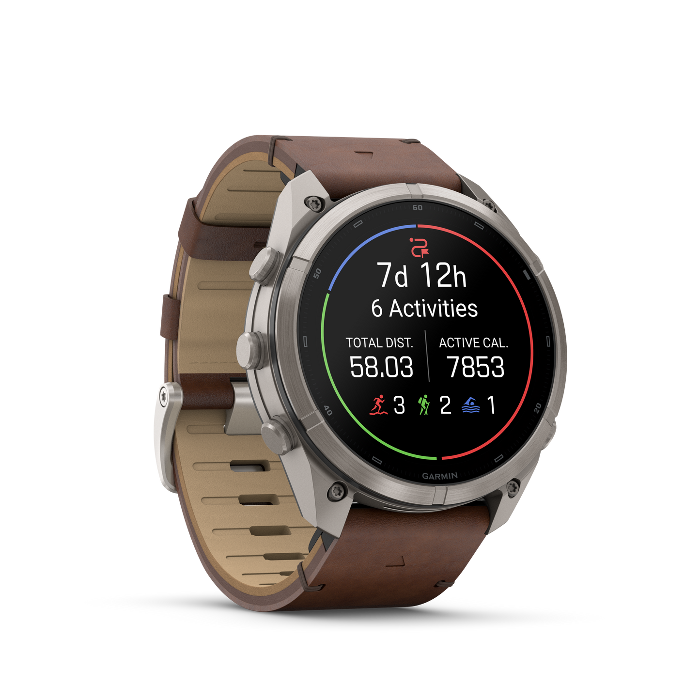 Garmin Fenix 9 Pro inReach AMOLED smartwatch, 51mm titanium case with walnut leather and gray-silver silicone band