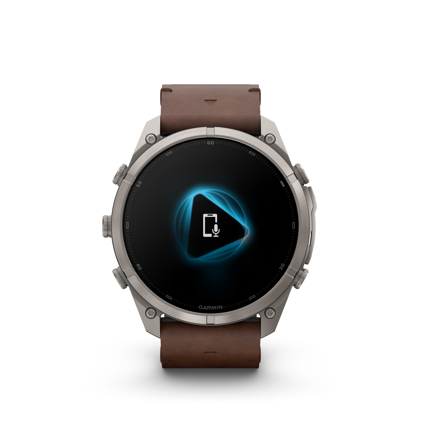 Garmin Fenix 9 Pro smartwatch with walnut leather strap and gray-silver titanium bezel.