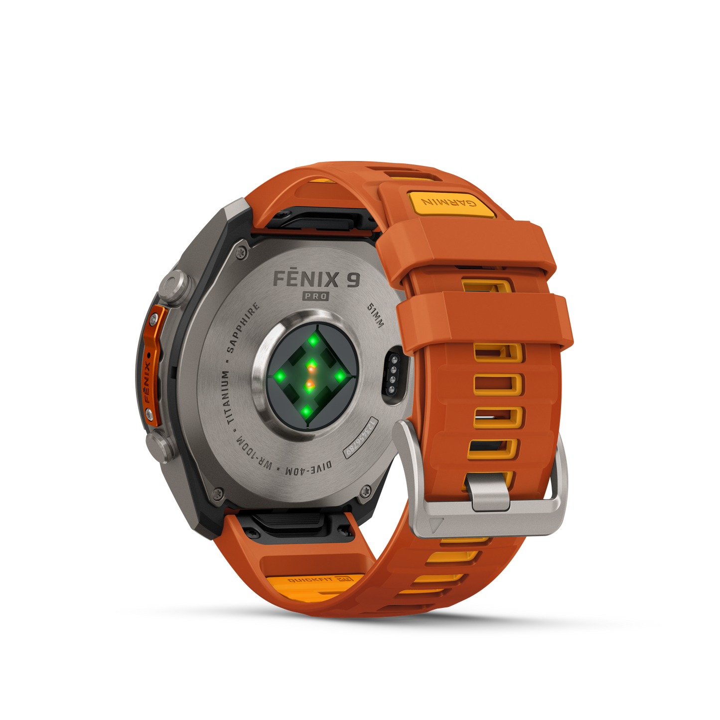 Garmin Fenix 9 Pro AMOLED smartwatch with 51mm titanium case and orange silicone strap, back view.