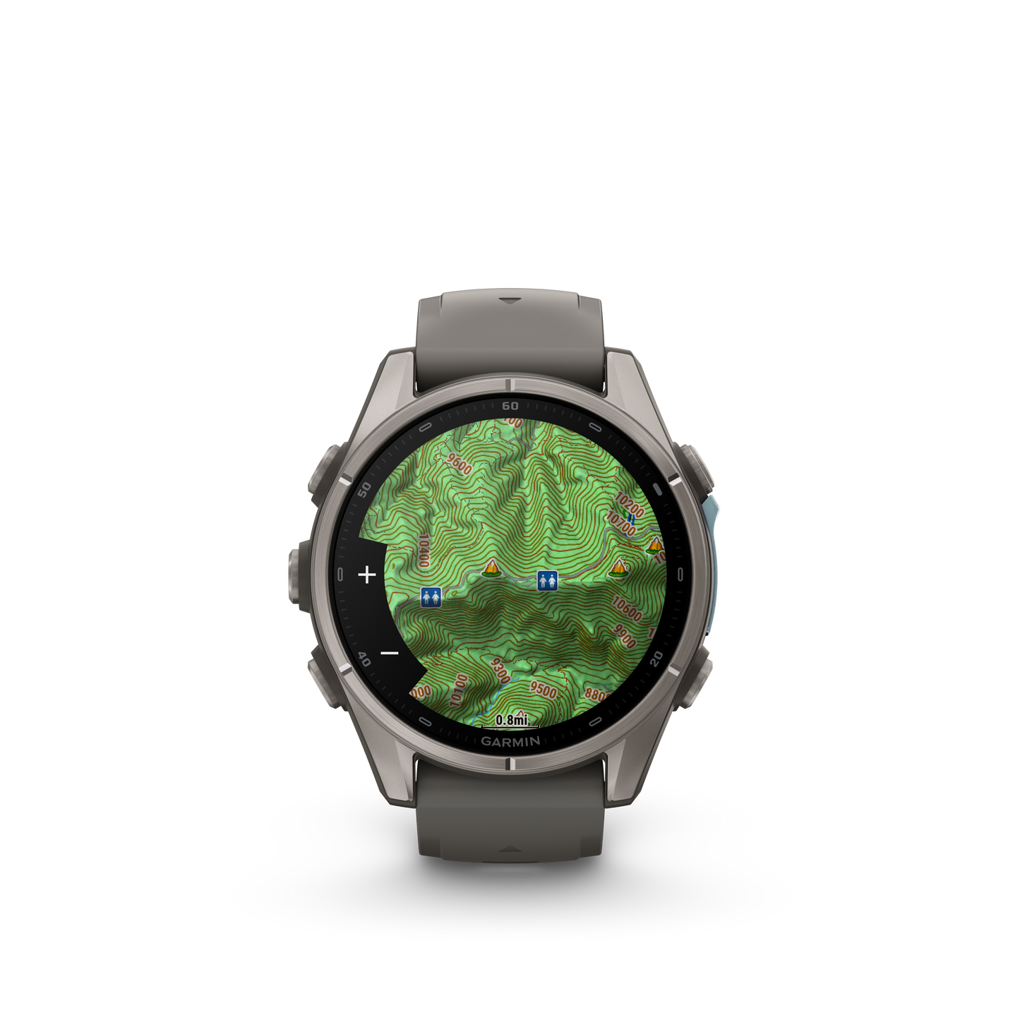 Garmin Fenix 9 AMOLED smartwatch, 43mm titanium case with gray silicone band, topo map display