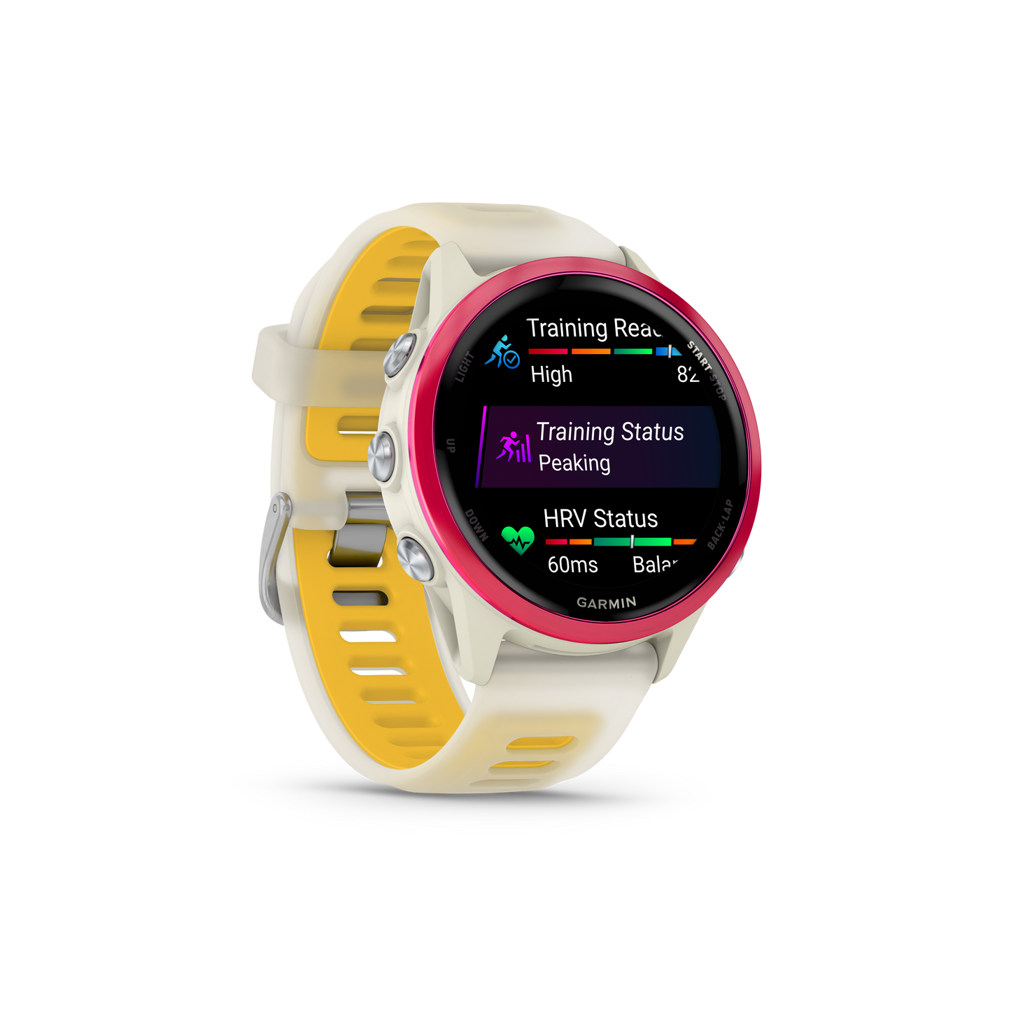 Garmin Forerunner 570 smartwatch, 42mm Raspberry with bone/mango band, partial close-up