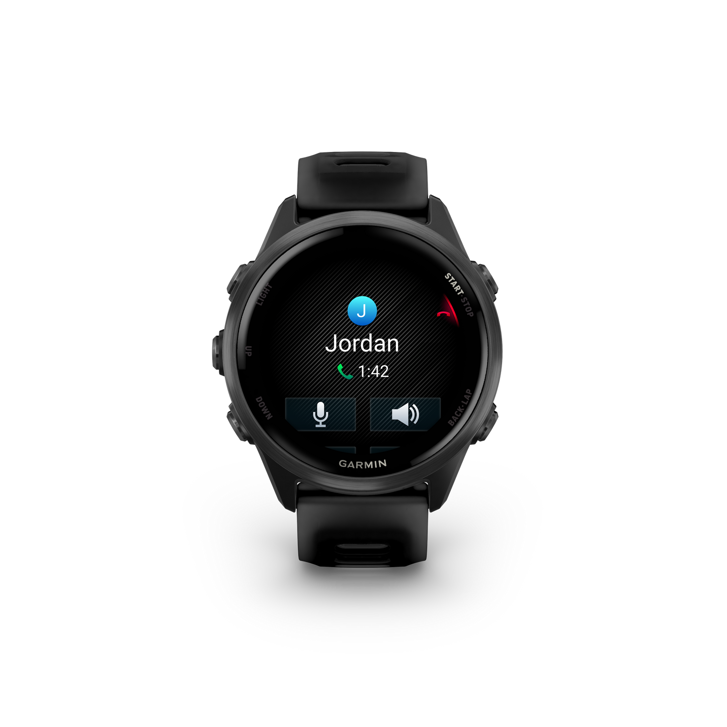 Garmin Forerunner 570 smartwatch, 42mm slate-gray case with black band.