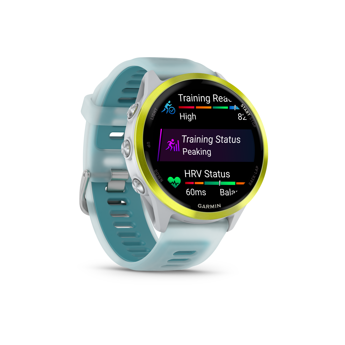 Garmin Forerunner 570 smartwatch, 47mm, Amp Yellow bezel with Whitestone/Turquoise band