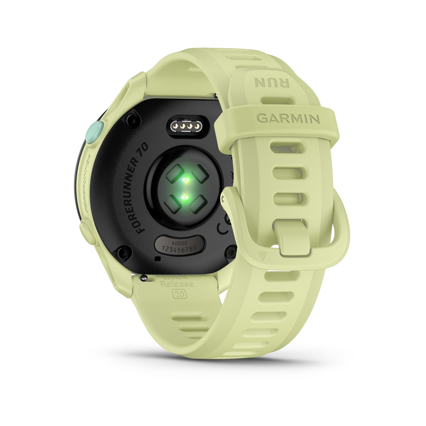 Garmin Forerunner 70 GPS smartwatch in citron with silicone band, back view with charging contacts.