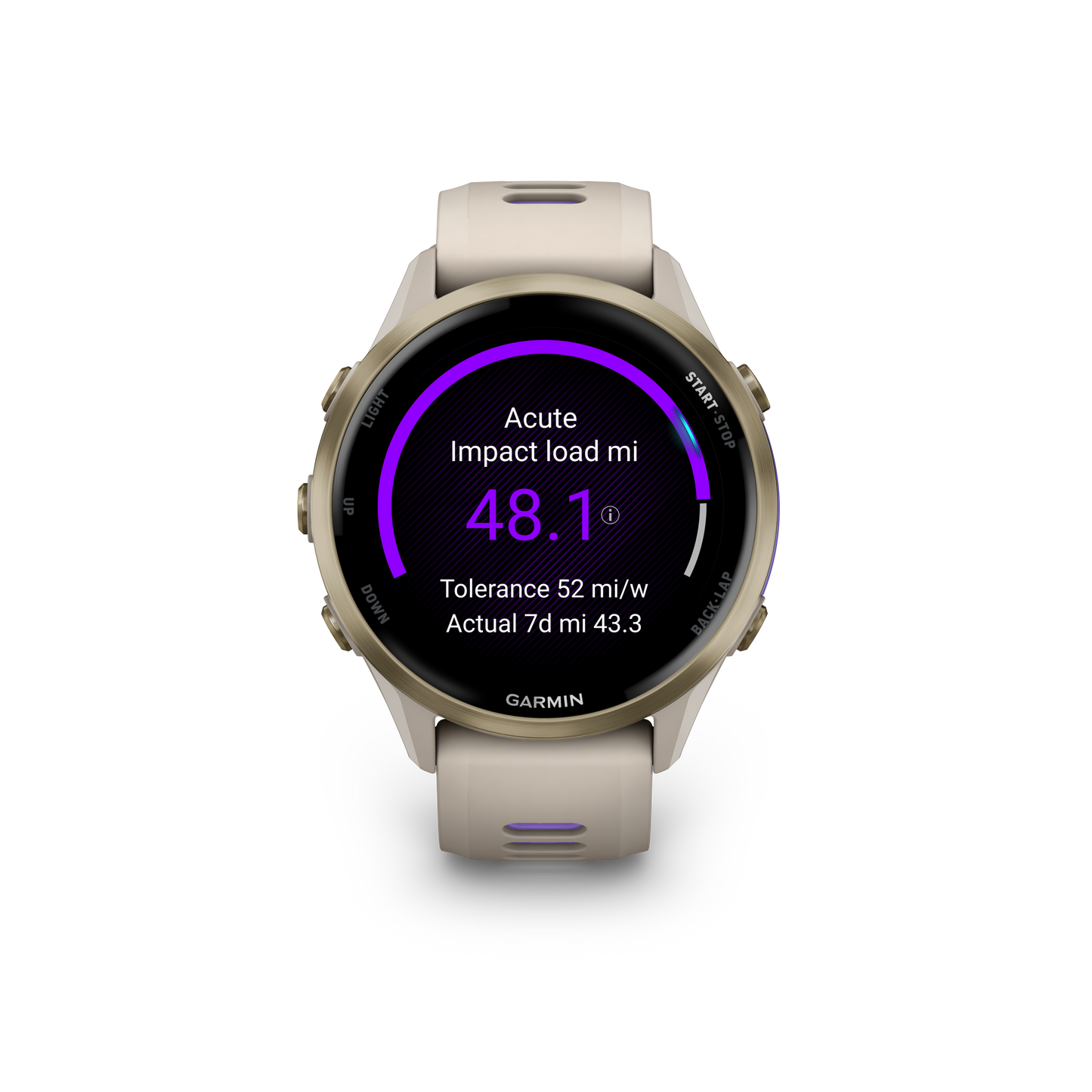Garmin Forerunner 970 smartwatch, soft gold titanium case with beige strap.