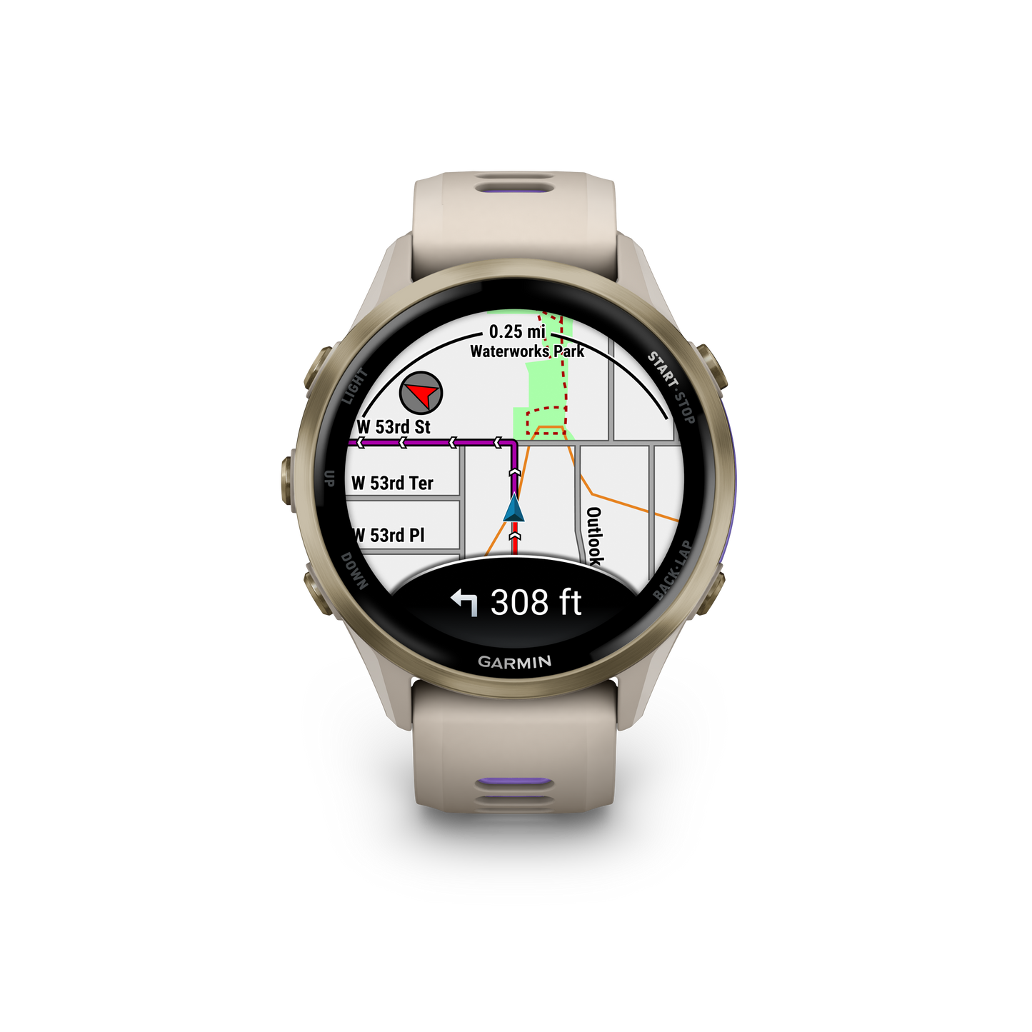 Garmin Forerunner 970 smartwatch with soft gold titanium case and cream band, map display