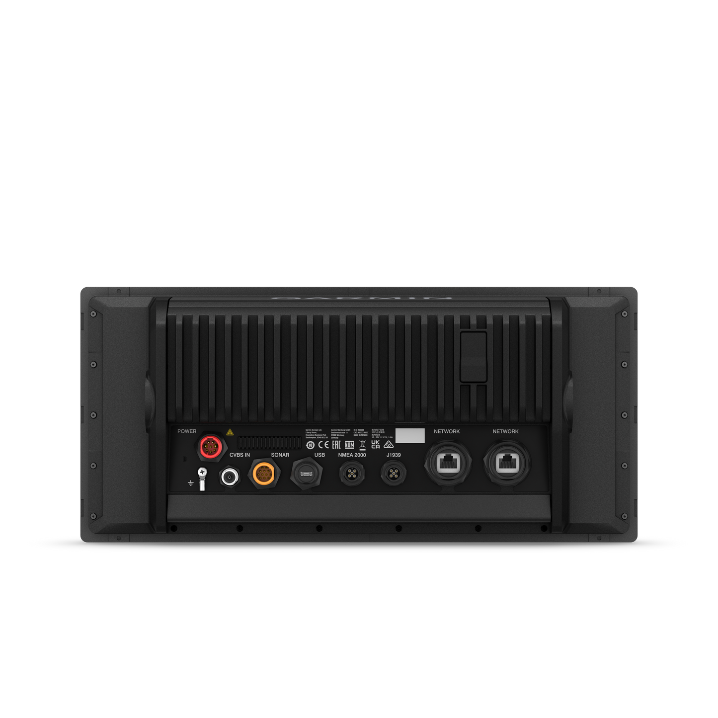 Garmin GPSMAP 1543xsv marine chartplotter back panel with labeled ports (black)