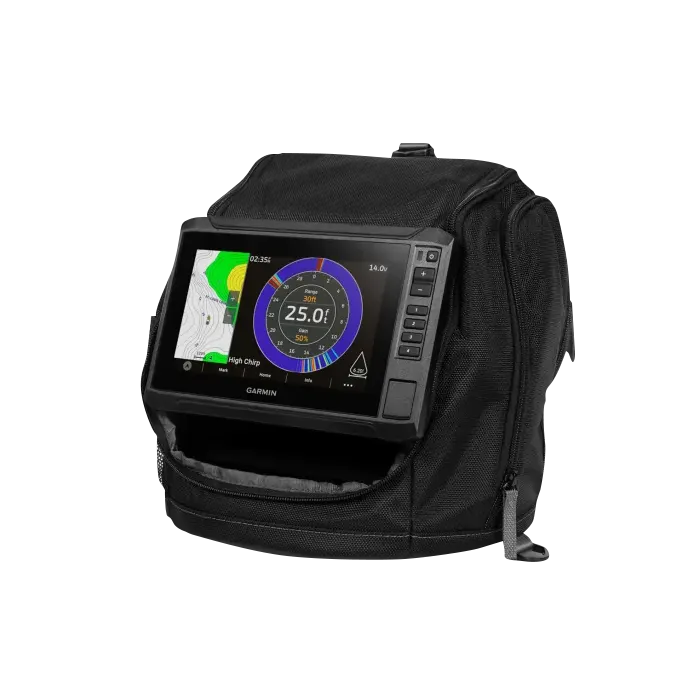 Garmin ECHOMAP UHD2 73sv Ice Fishing Bundle with Navionics+ Canada/Alaska/Great Lakes data card in a black carrying bag