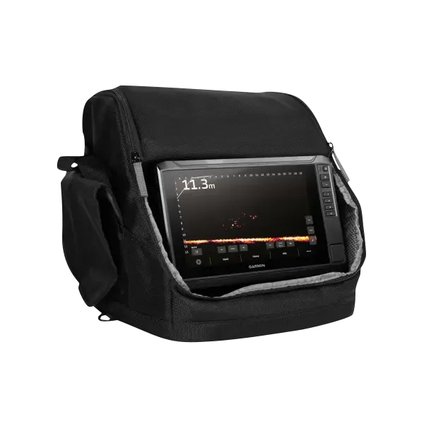 Garmin ECHOMAP 95sv UHD2 marine chartplotter in a black protective carry case