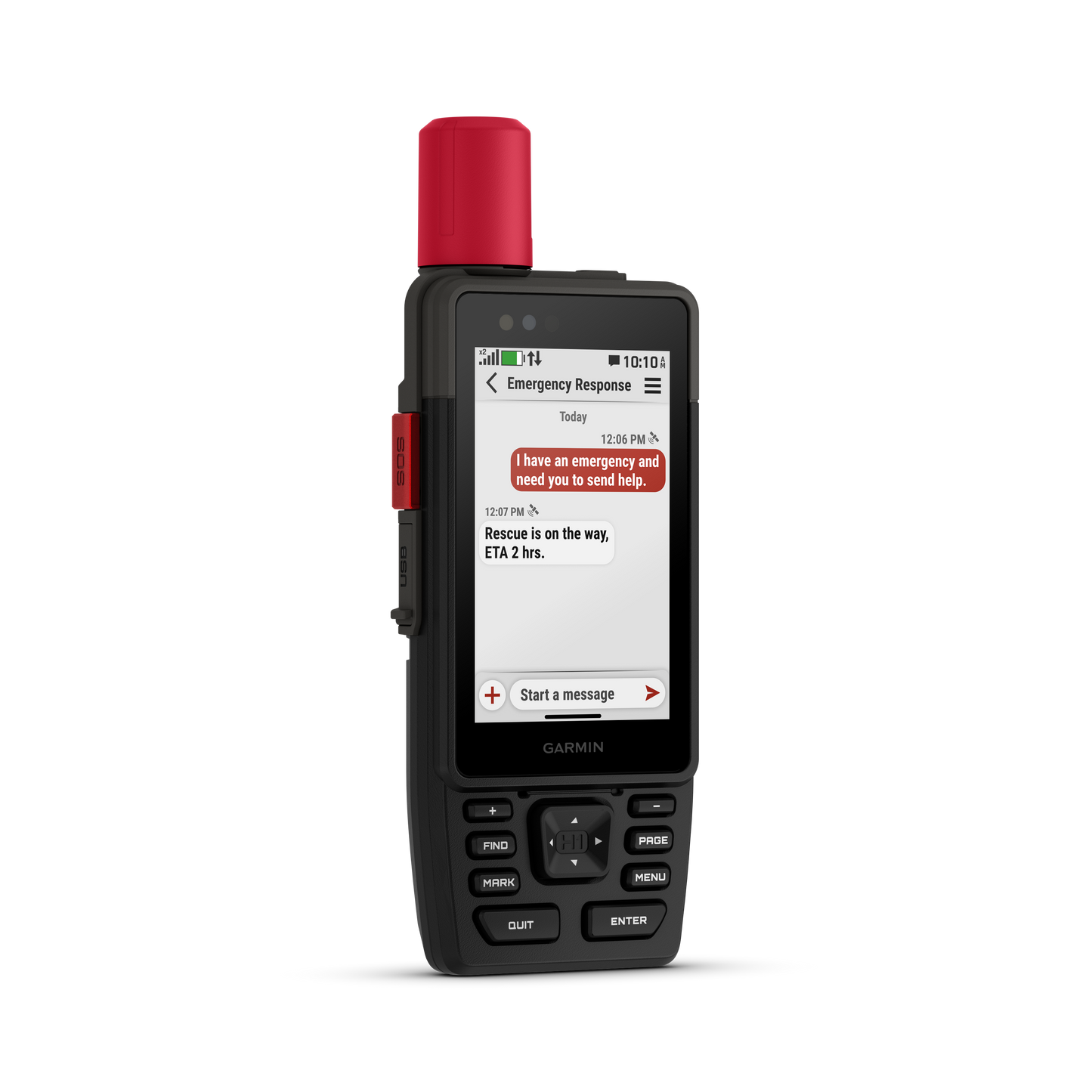 Garmin GPSMAP H1i Plus handheld GPS with inReach, black body with red cap and emergency messaging screen.