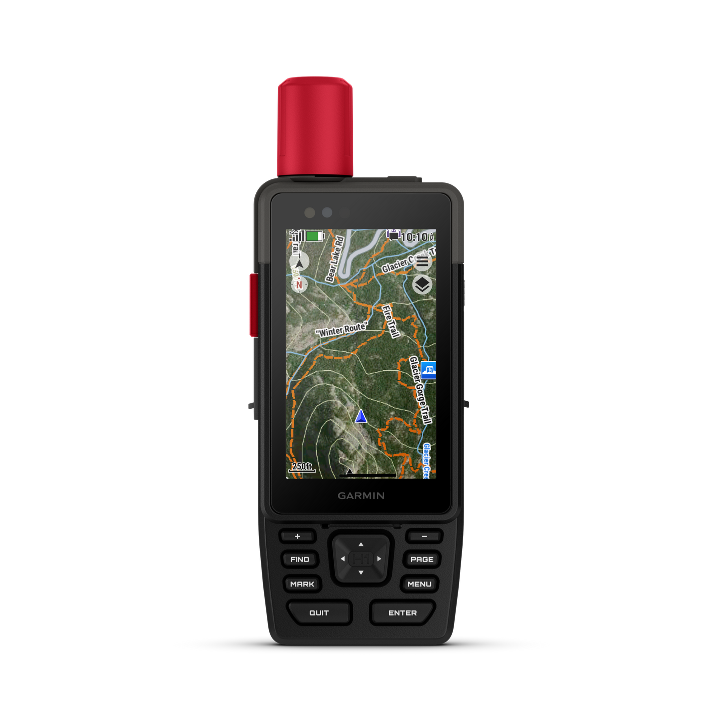 Garmin GPSMAP H1i Plus handheld GPS with inReach, red top, rugged outdoor navigation.