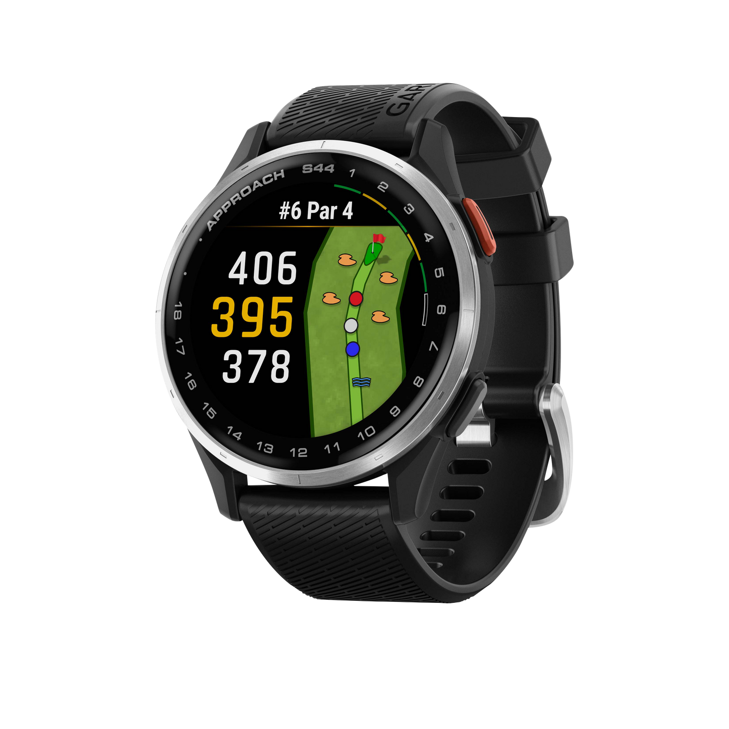 Garmin Approach S44 golf GPS smartwatch with silver bezel and black band.