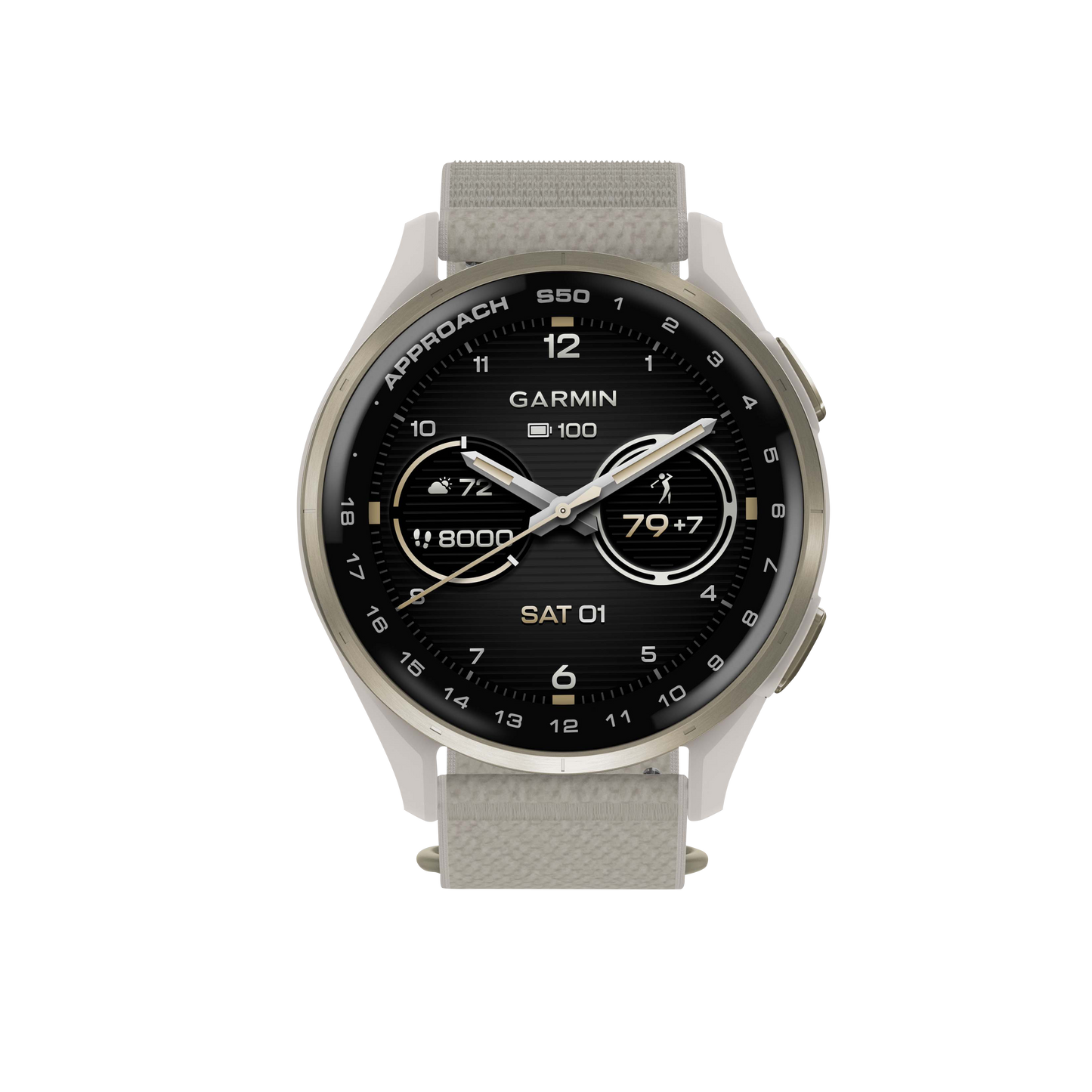 Garmin Approach S50, Gold Bezel/Ivory ComfortFit Nylon Band, Golf GPS Smartwatch & Rangefinder (010-03010-01) by Garmin