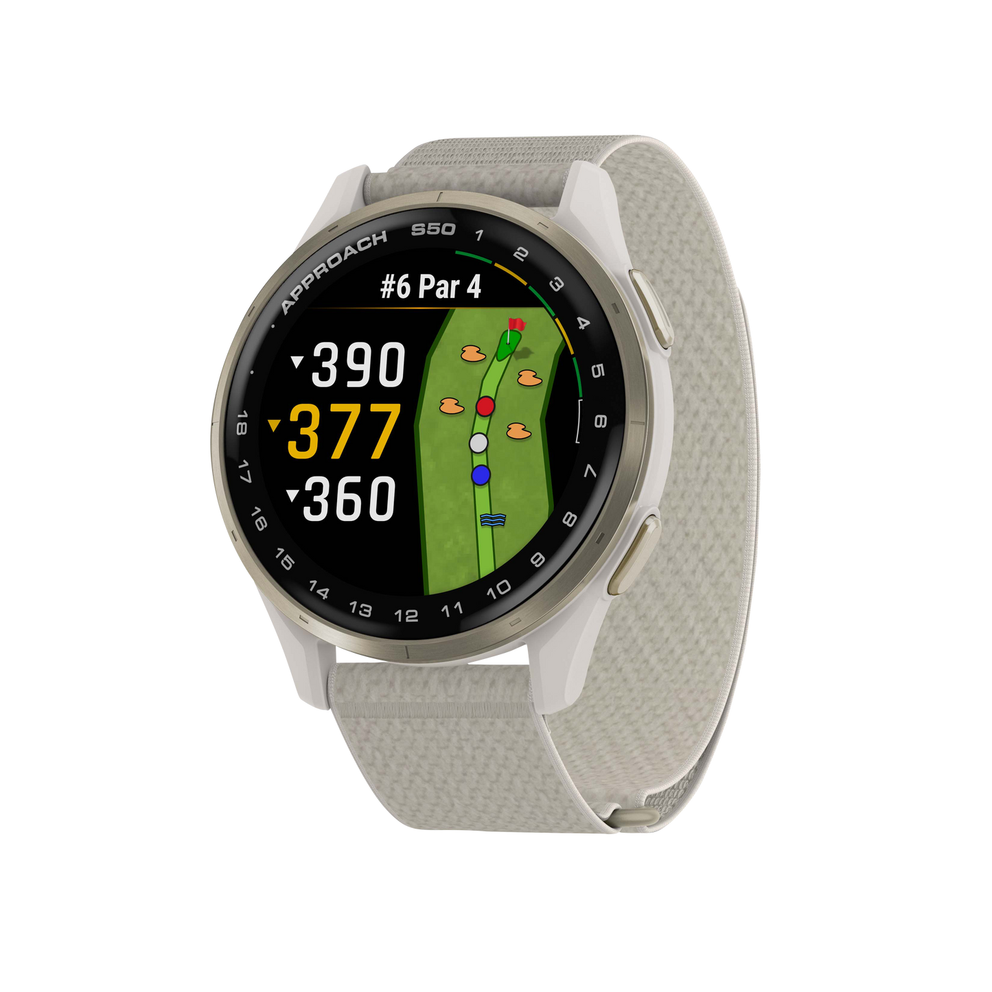 Garmin Approach S50 golf GPS smartwatch with gold bezel and ivory ComfortFit nylon band