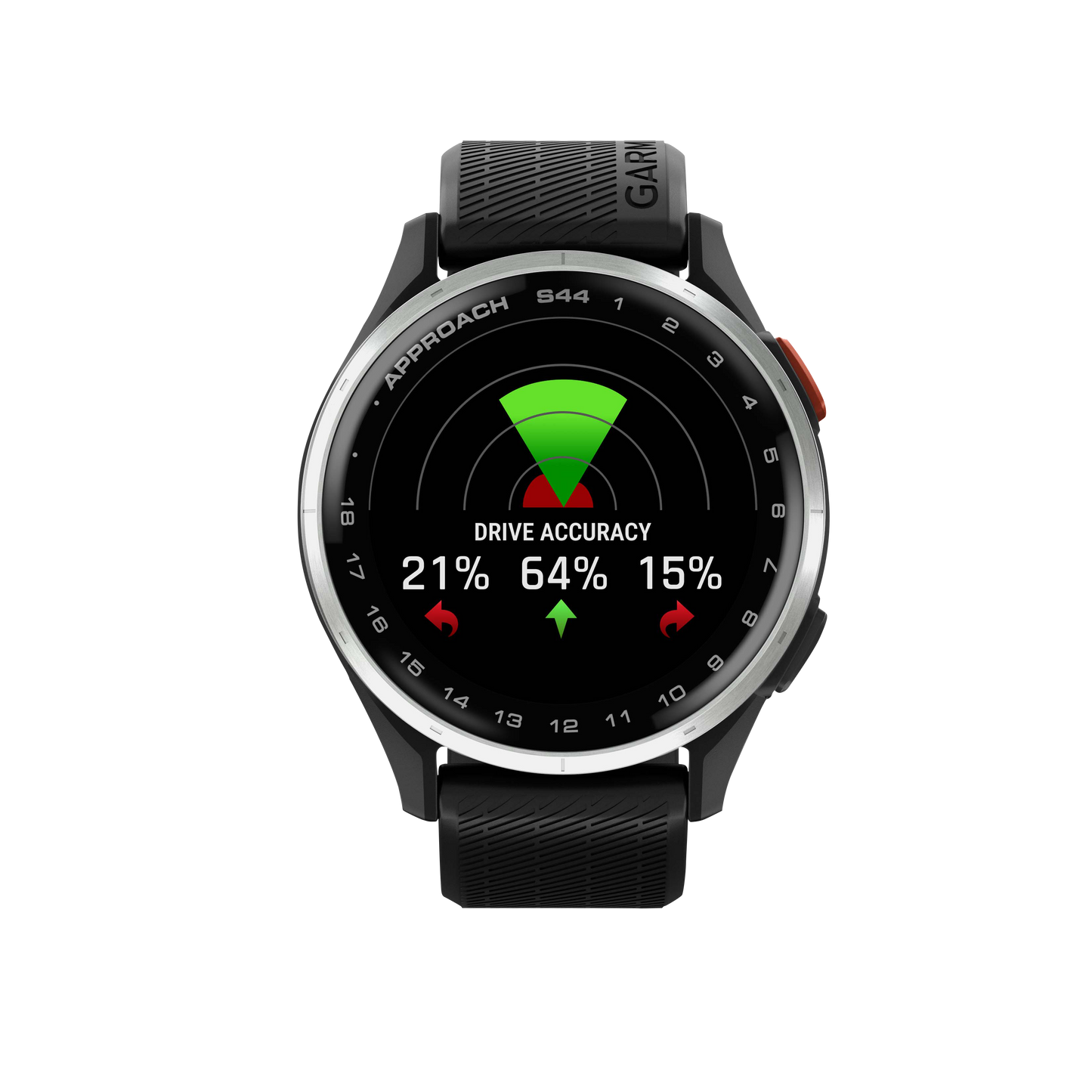Garmin Approach S44 golf GPS smartwatch with silver bezel and black band