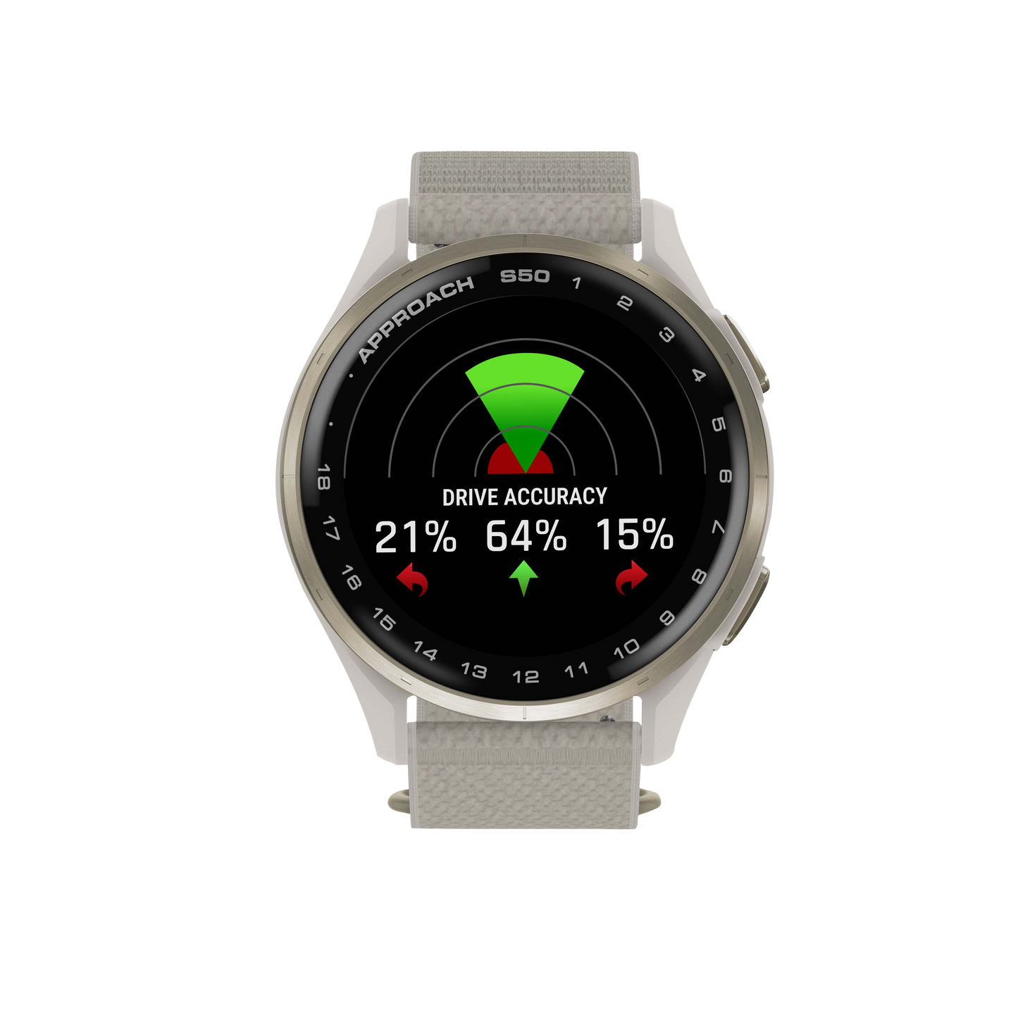 Garmin Approach S50 golf GPS smartwatch with gold bezel and ivory ComfortFit nylon band