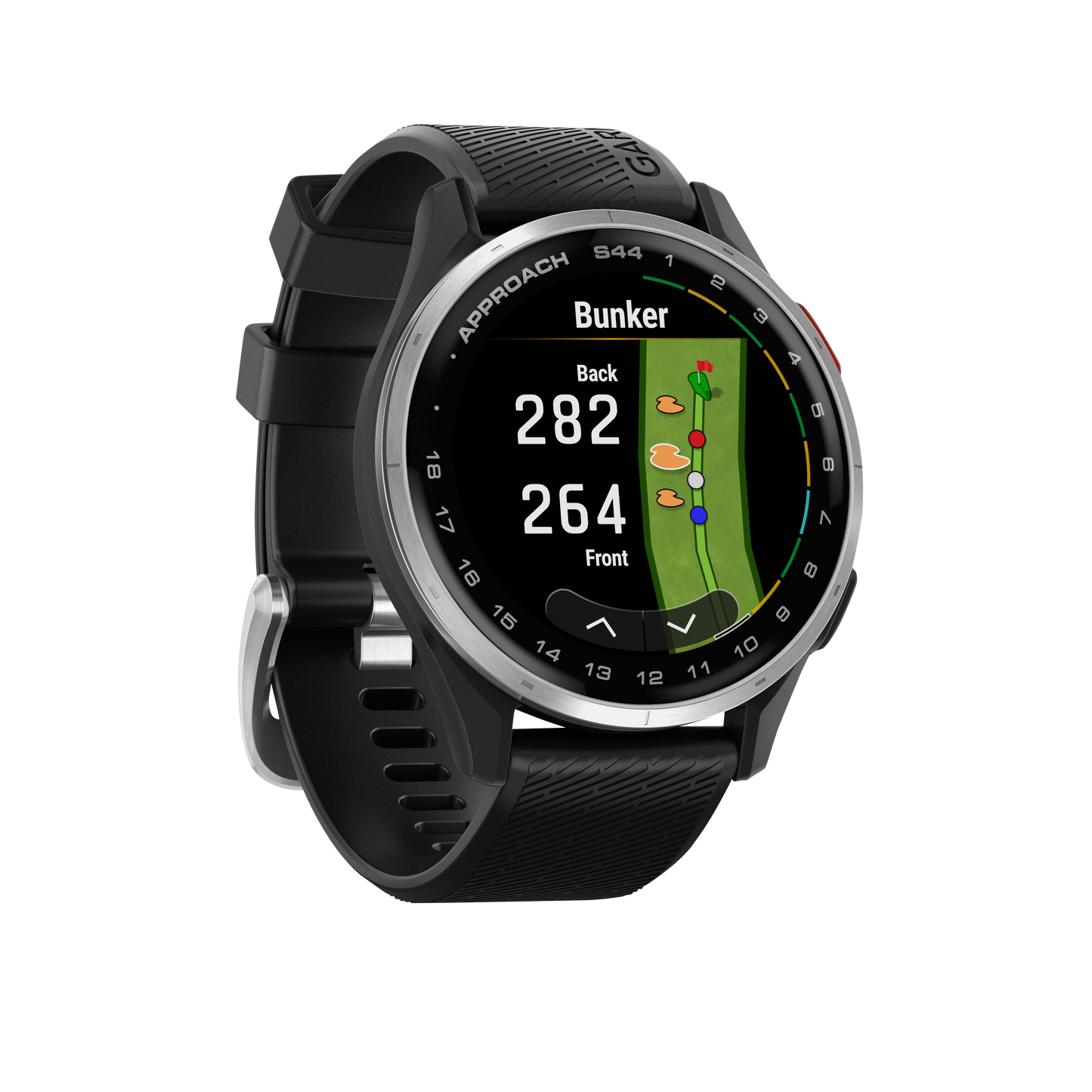 Garmin Approach S44 golf GPS smartwatch with silver bezel and black band