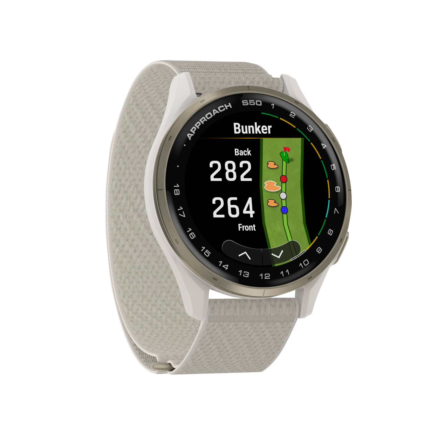 Garmin Approach S50 smartwatch with gold bezel and ivory ComfortFit nylon band, golf GPS & rangefinder