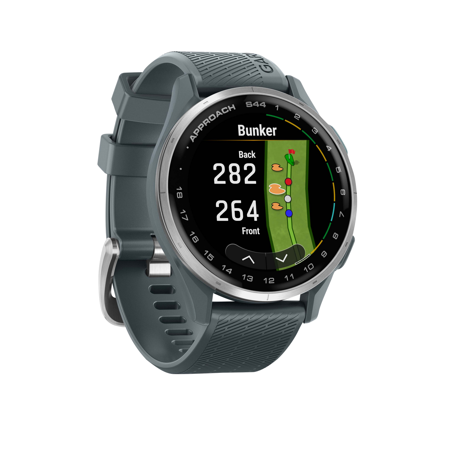 Garmin Approach S44 smartwatch with silver bezel and Twilight band