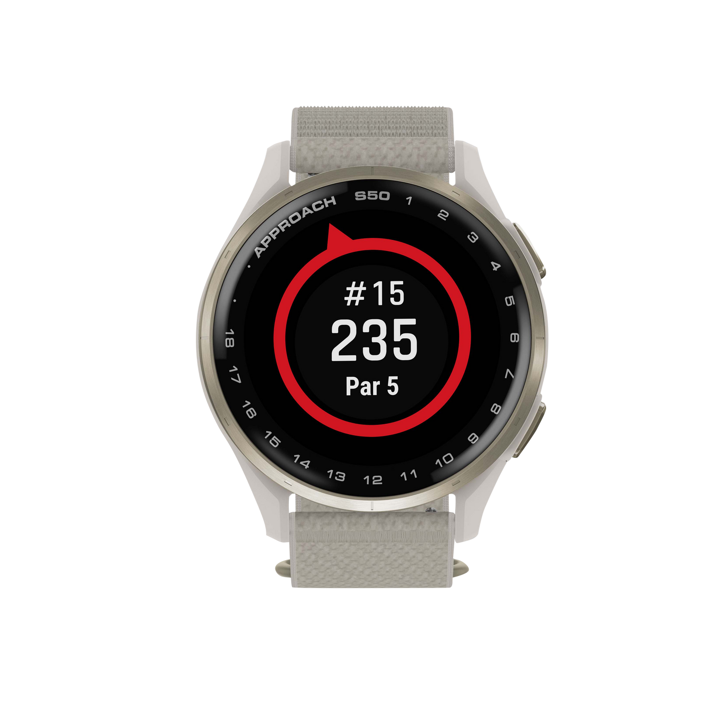 Garmin Approach S50 golf smartwatch with gold bezel and ivory ComfortFit nylon band