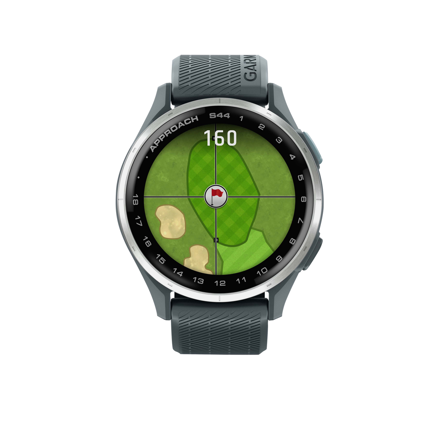 Garmin Approach S44 golf GPS smartwatch with silver bezel and twilight band