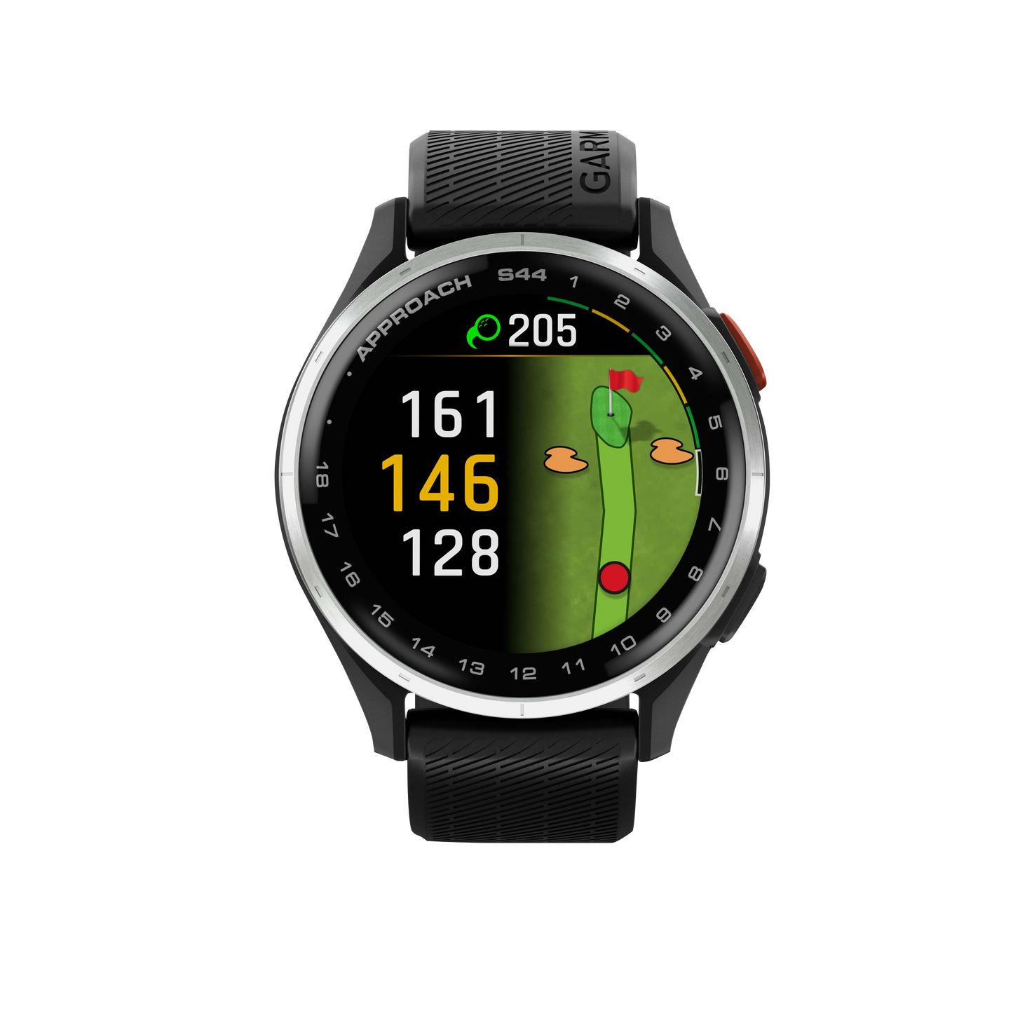 Garmin Approach S44 golf GPS smartwatch with silver bezel and black band