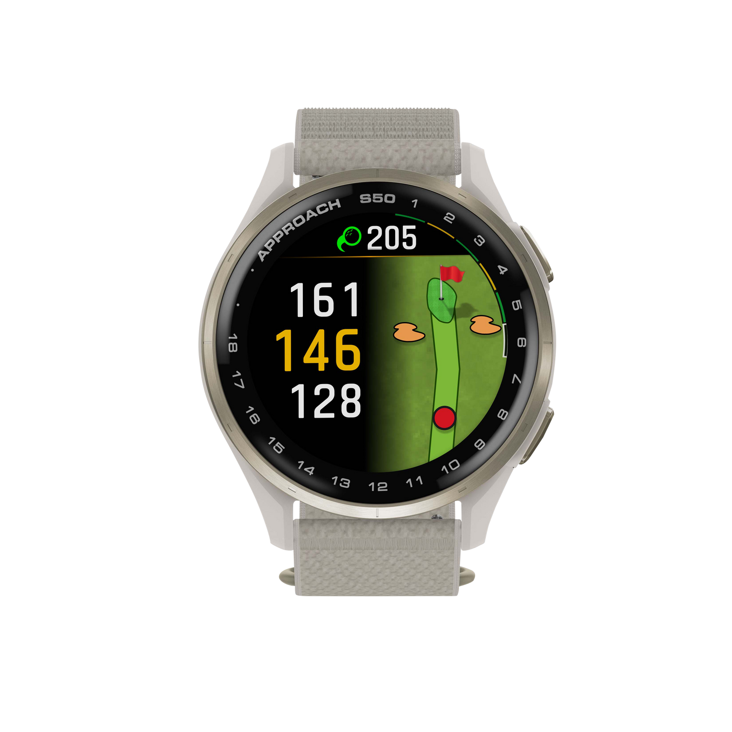 Garmin Approach S50 golf GPS smartwatch with gold bezel and ivory ComfortFit nylon band