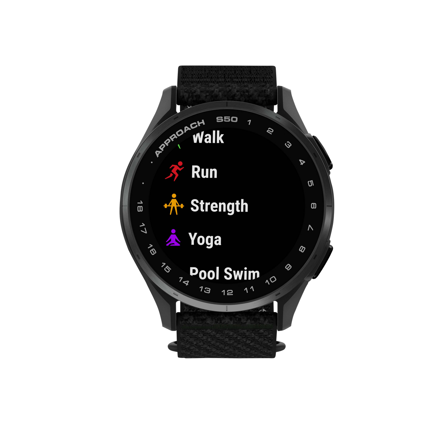 Garmin Approach S50 golf GPS smartwatch with slate bezel and black ComfortFit nylon band