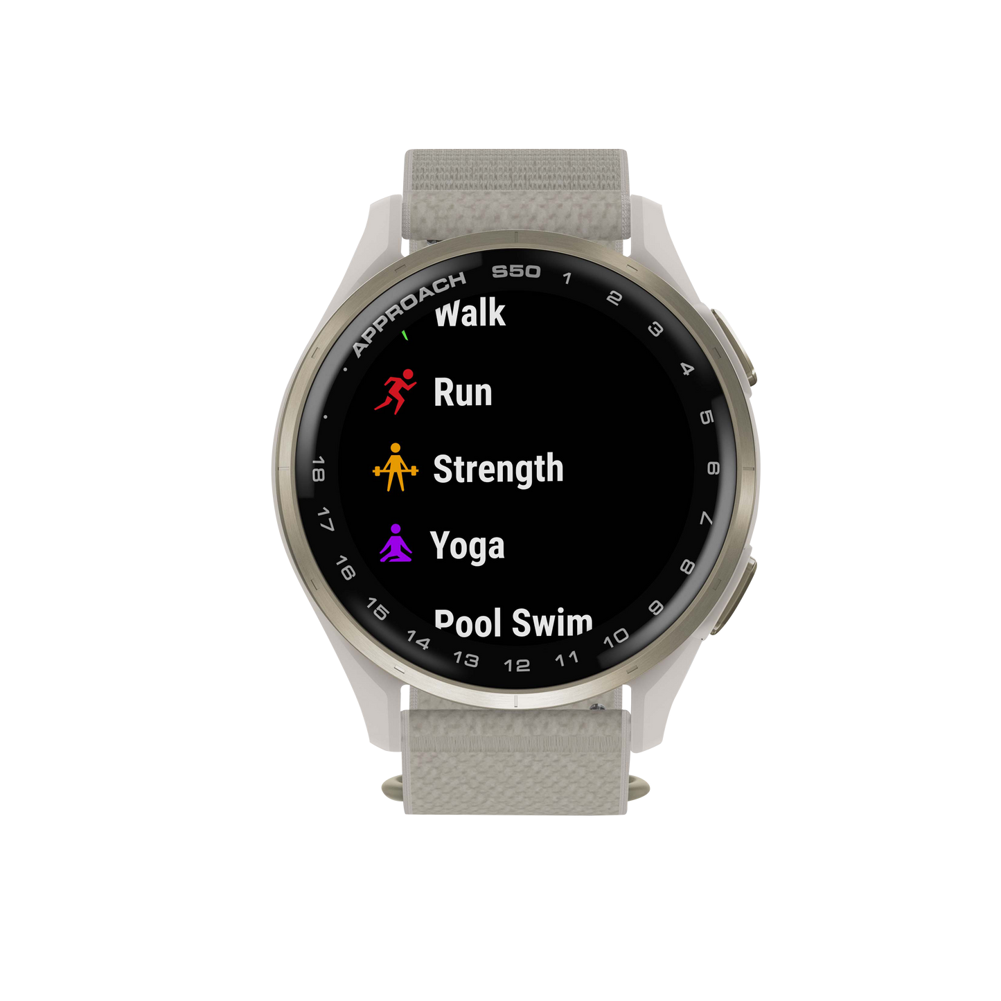 Garmin Approach S50 Golf GPS smartwatch with gold bezel and ivory ComfortFit nylon band (010-03010-01)