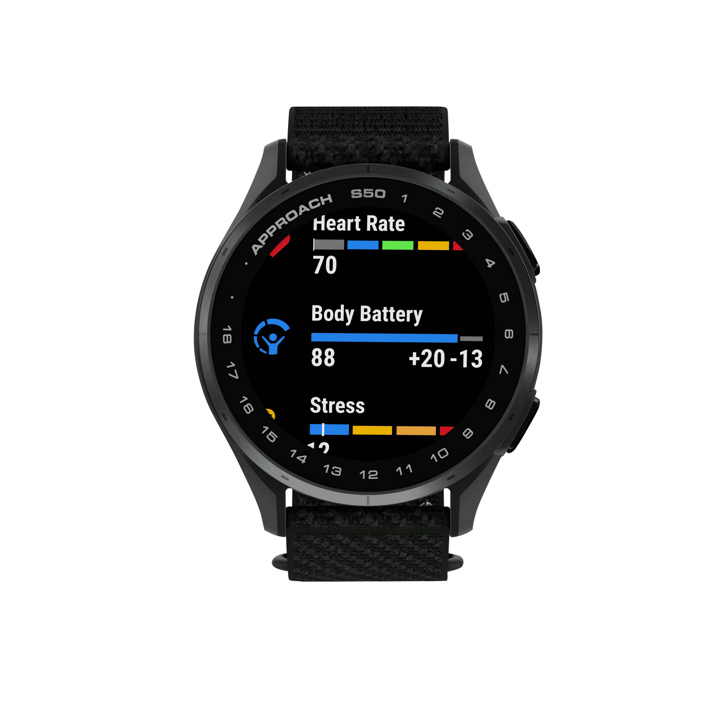 Garmin Approach S50 golf GPS smartwatch with slate bezel and black ComfortFit nylon band