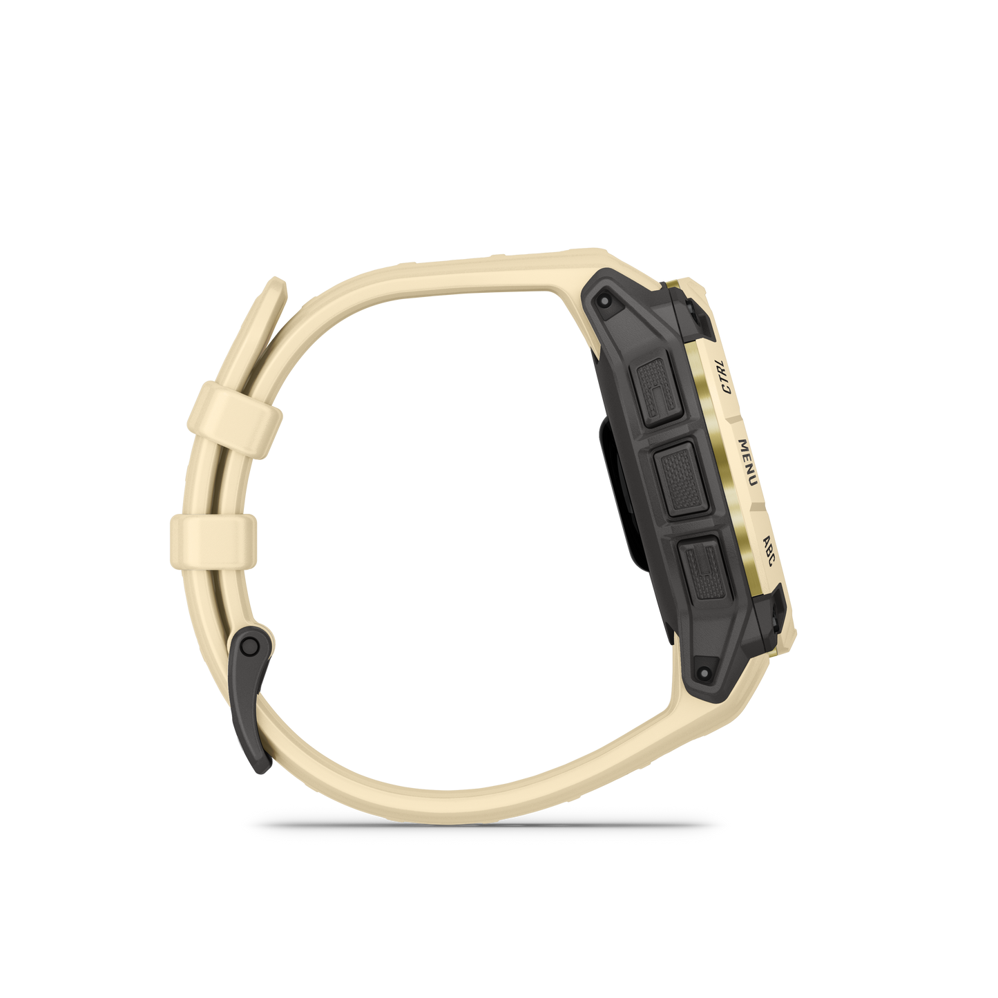 Garmin Instinct 3 smart watch, 45mm AMOLED in Citrine with Citrine band, side view.