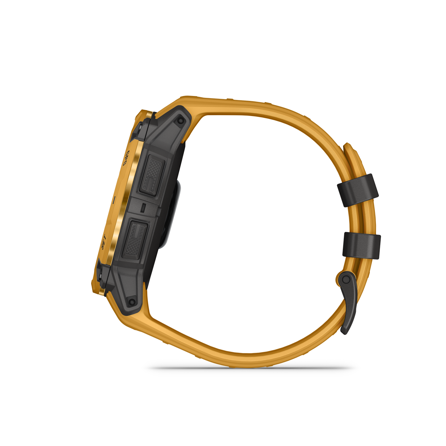 Garmin Instinct 3 Solar smartwatch, 50mm Sunburst case with gold bezel and Sunburst/Gray band, rugged sport watch
