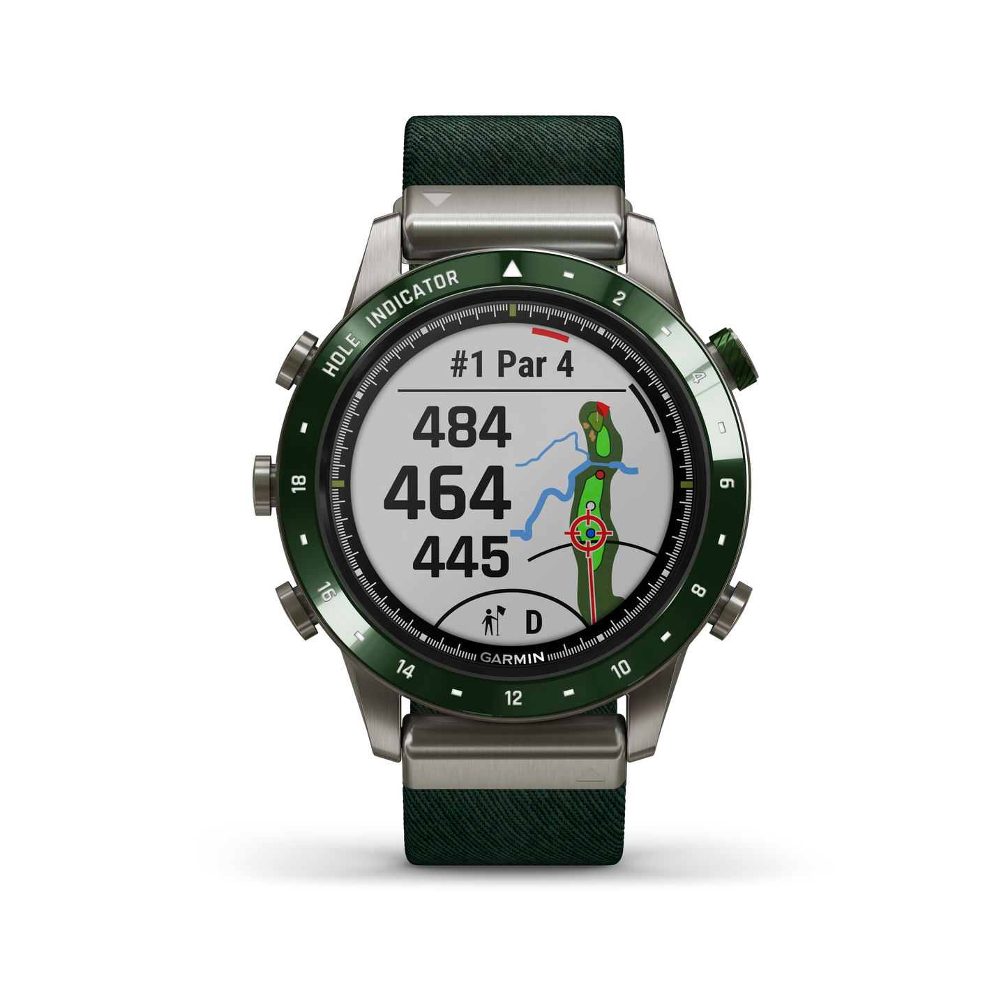 Garmin MARQ Golfer Gen1 Men's Luxury GPS smartwatch with green bezel and strap, displays golf yardages.