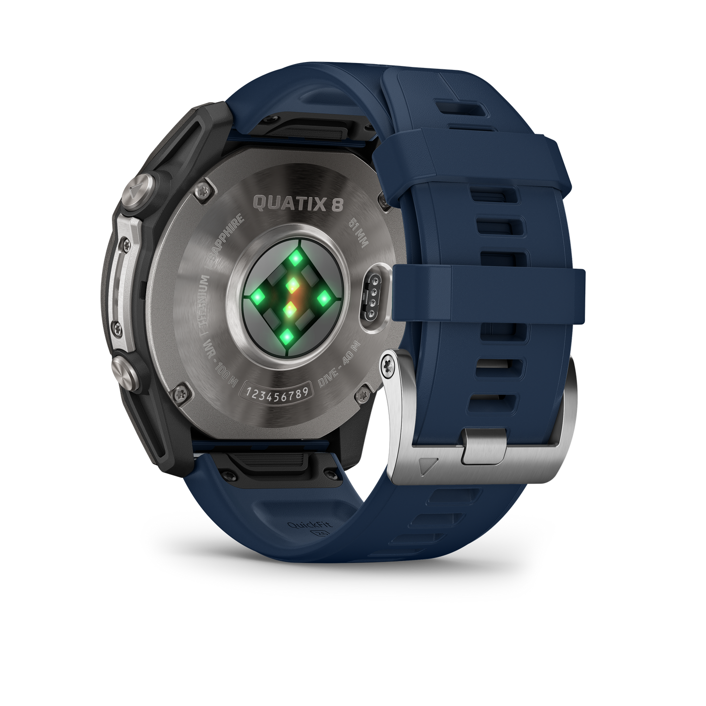 Garmin Quatix 8 marine GPS smartwatch back view with blue QuickFit strap.