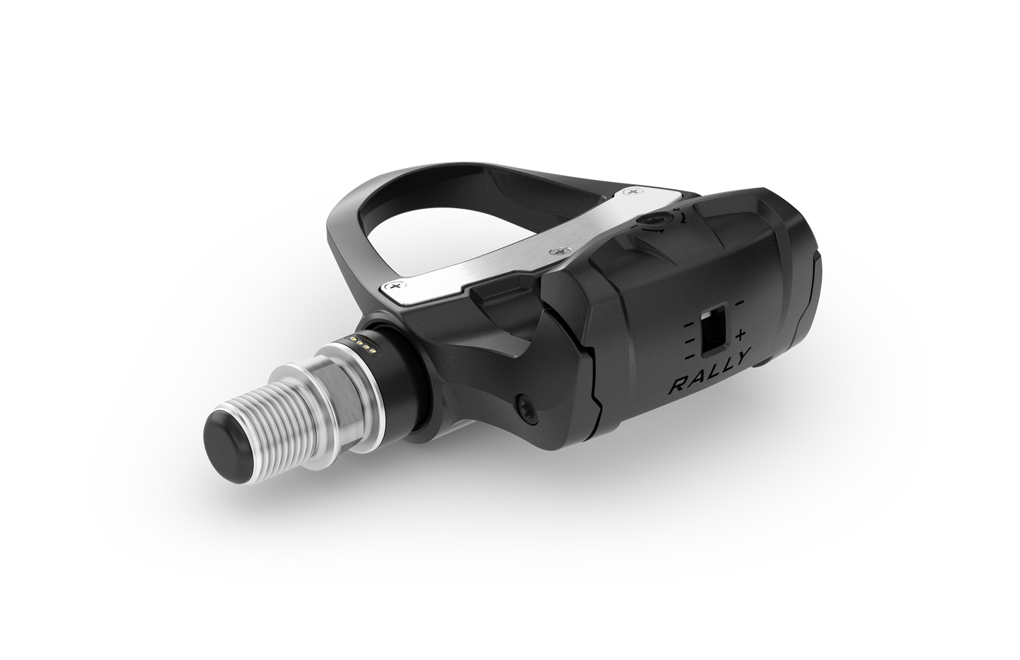 Garmin Rally RK210 dual-sensing power meter on crank arm; black unit with silver mounting plate and Garmin branding.