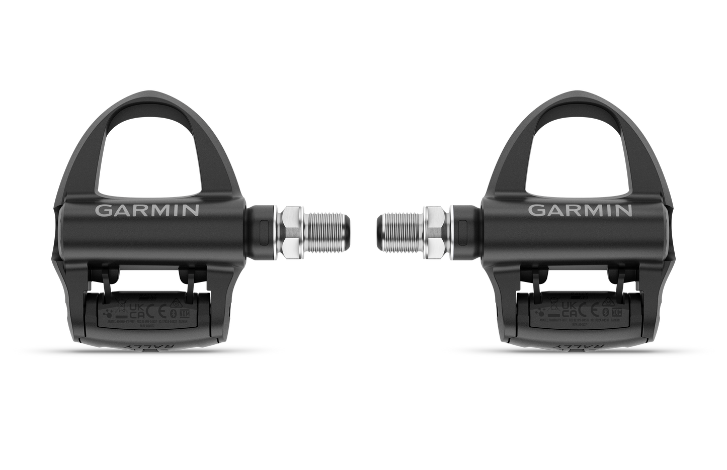 Garmin Rally RS210 dual-sensing power meter pedals (set of 2), black aluminum bodies with silver spindles