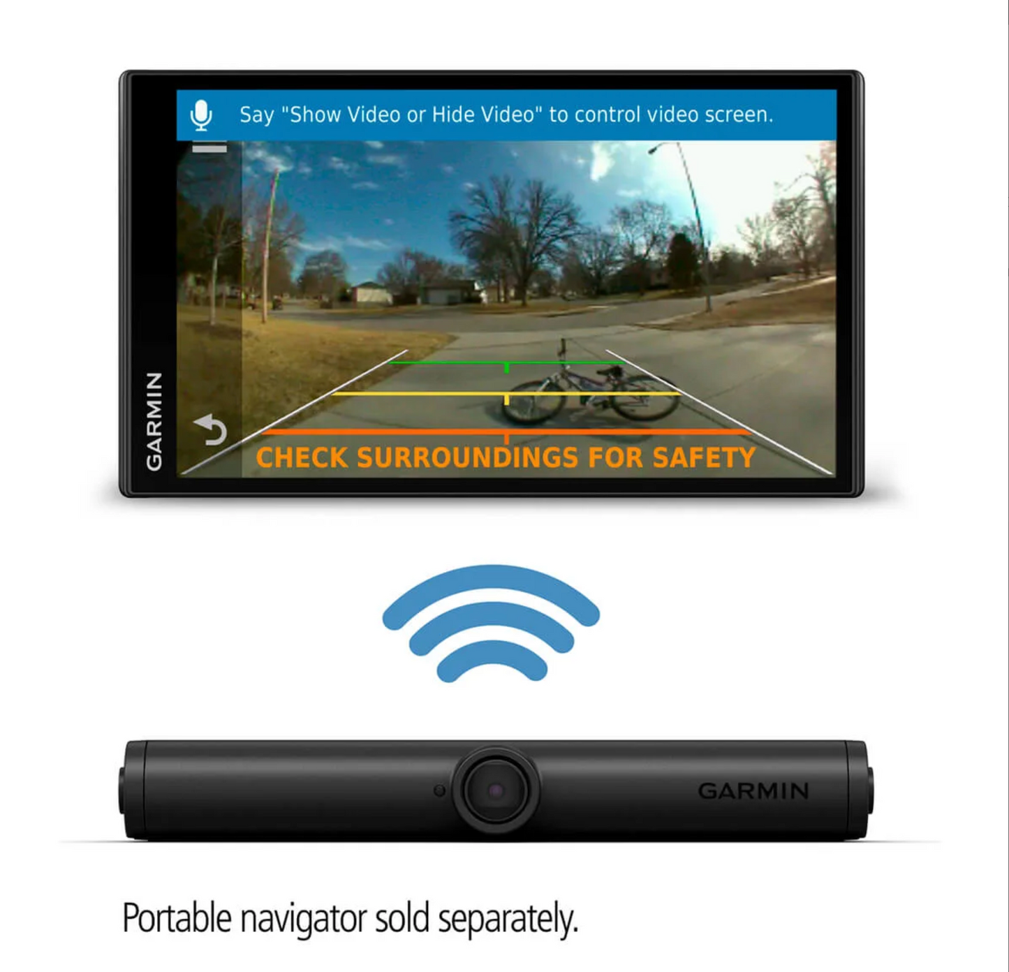 Garmin BC 40 wireless backup camera, black; display shows rear view with guide lines