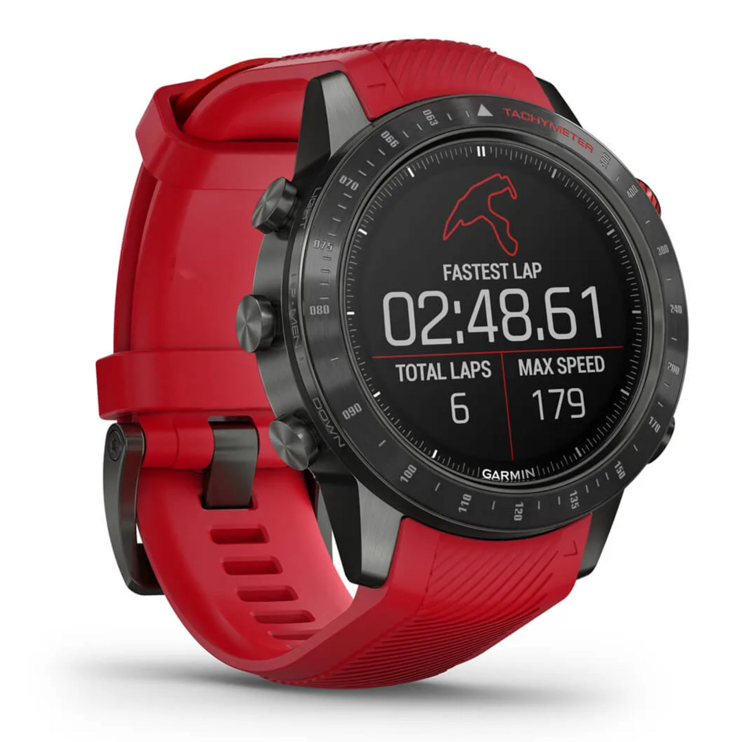 Garmin Marq Driver Performance Edition watch with red strap and tachymeter bezel