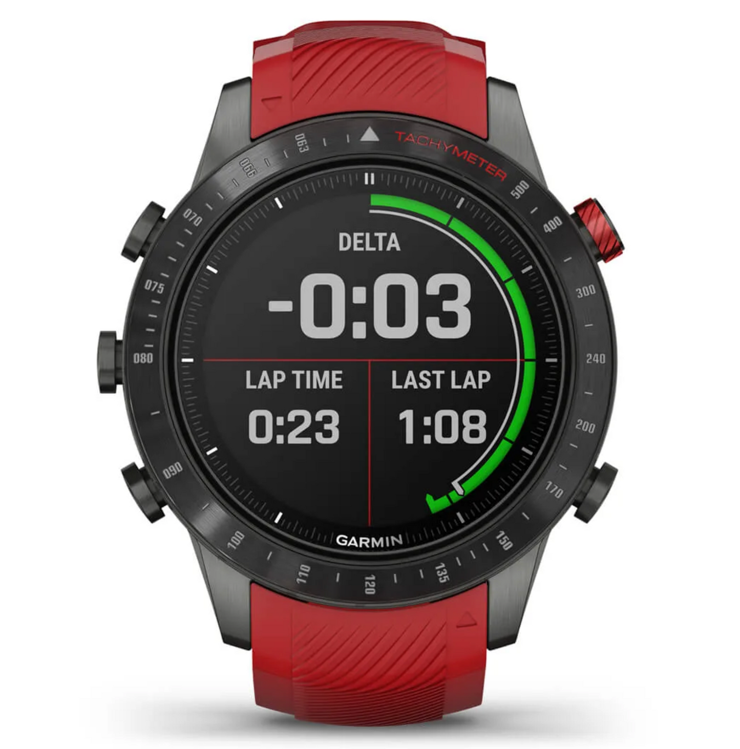 Garmin Marq Driver Performance Edition smartwatch with red strap and tachymeter bezel